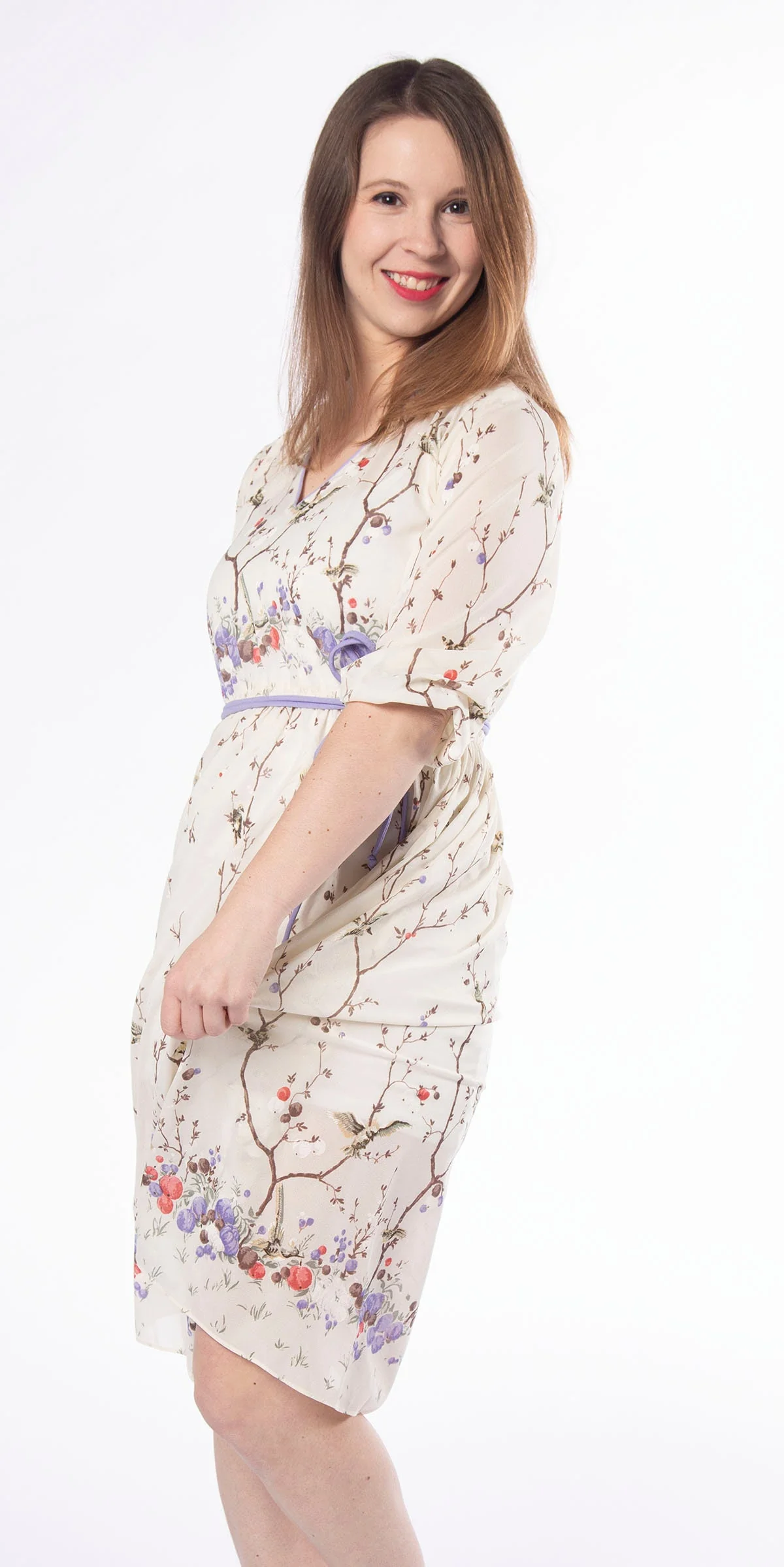 Vintage 70s Floral Dress - Sheer Ivory White and Lavender Flower Berries and Bird Print Day Dress - Spring - Small - Image 5