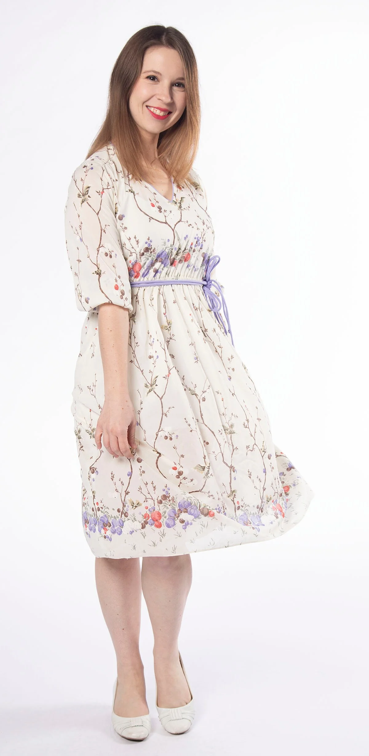 Vintage 70s Floral Dress - Sheer Ivory White and Lavender Flower Berries and Bird Print Day Dress - Spring - Small - Image 6