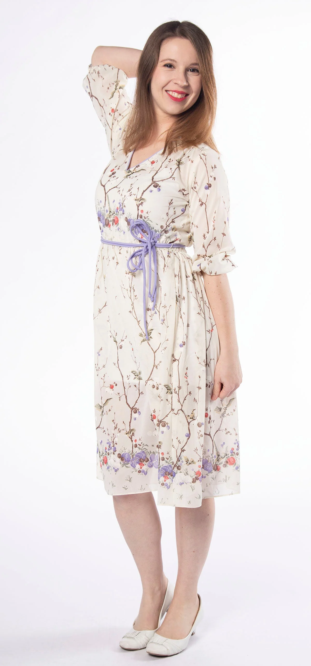 Vintage 70s Floral Dress - Sheer Ivory White and Lavender Flower Berries and Bird Print Day Dress - Spring - Small - Image 7