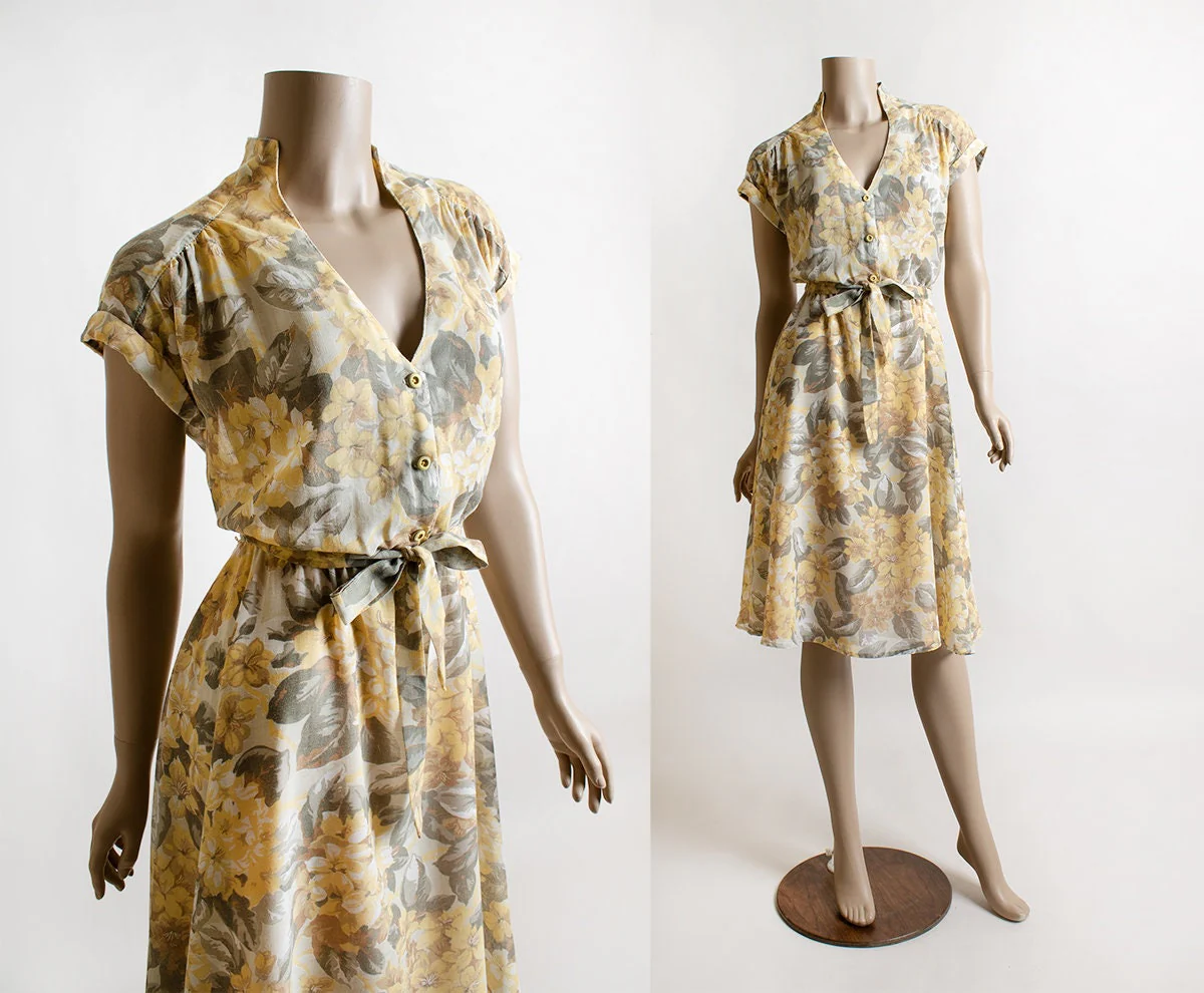 Vintage 70s Floral Lemon Yellow Floral Print Sheer Cotton Day Dress with Gray and White Button Shirtwaist Coco Feminine Small by Coco - Image 3