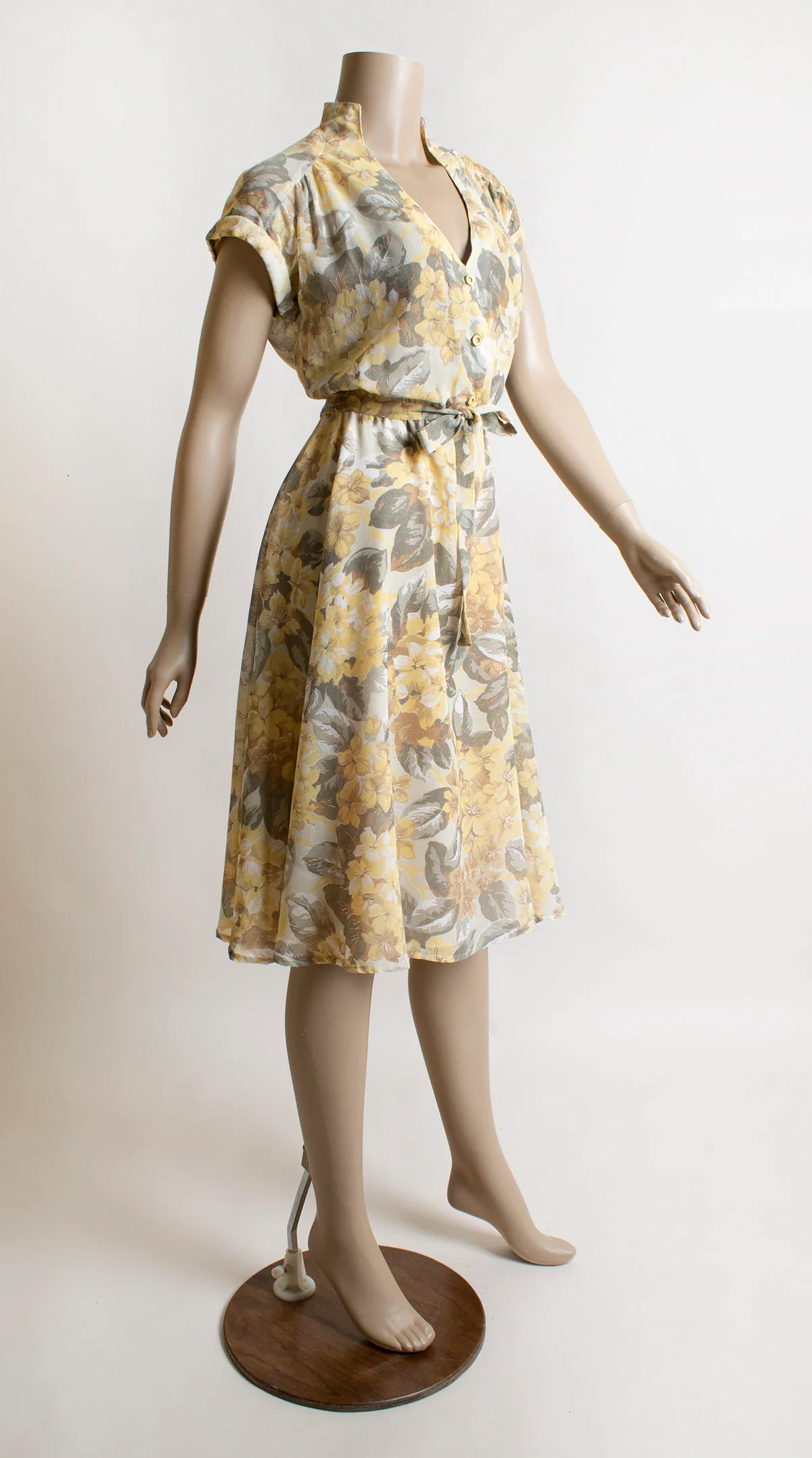 Vintage 70s Floral Lemon Yellow Floral Print Sheer Cotton Day Dress with Gray and White Button Shirtwaist Coco Feminine Small by Coco - Image 4
