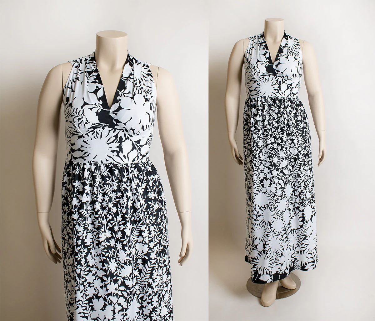 Vintage 70s Floral Maxi Dress Black and White Shadow Op Art Tropical  Floor Length Sleeveless Dress Edith Flagg Medium Large by Edith Flagg - Image 3