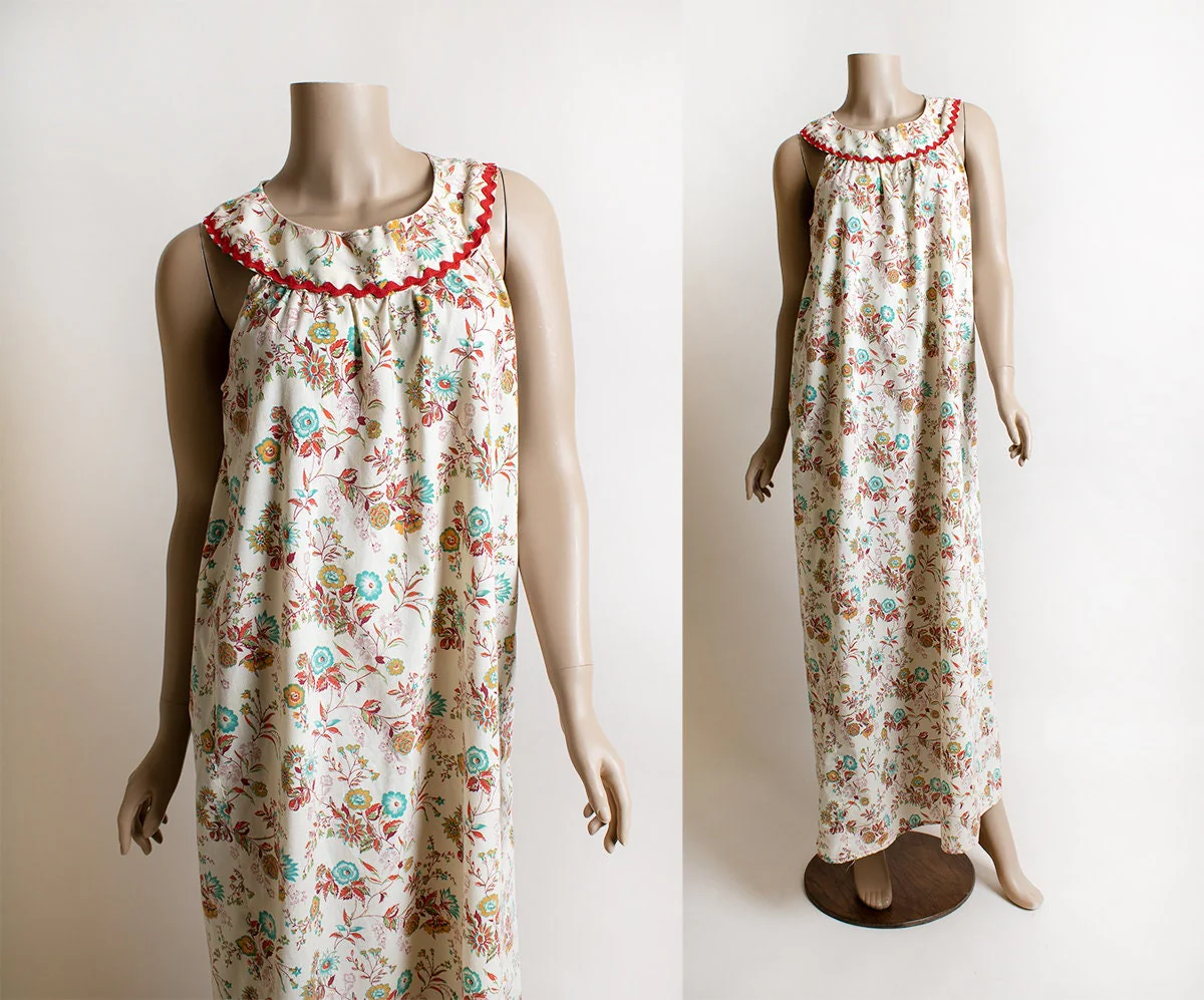 Vintage 70s Floral Maxi Dress Warm Autumn Tone Summer Flower Print Floor Length Tunic Dress Lounge Small - Image 3