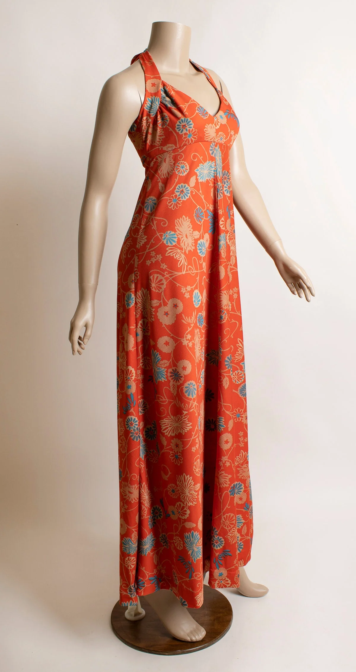 Vintage 70s Floral Maxi Dress with Matching Crop Bolero Jacket - Rust Orange Red Flower Print Halter Gown - Image 4