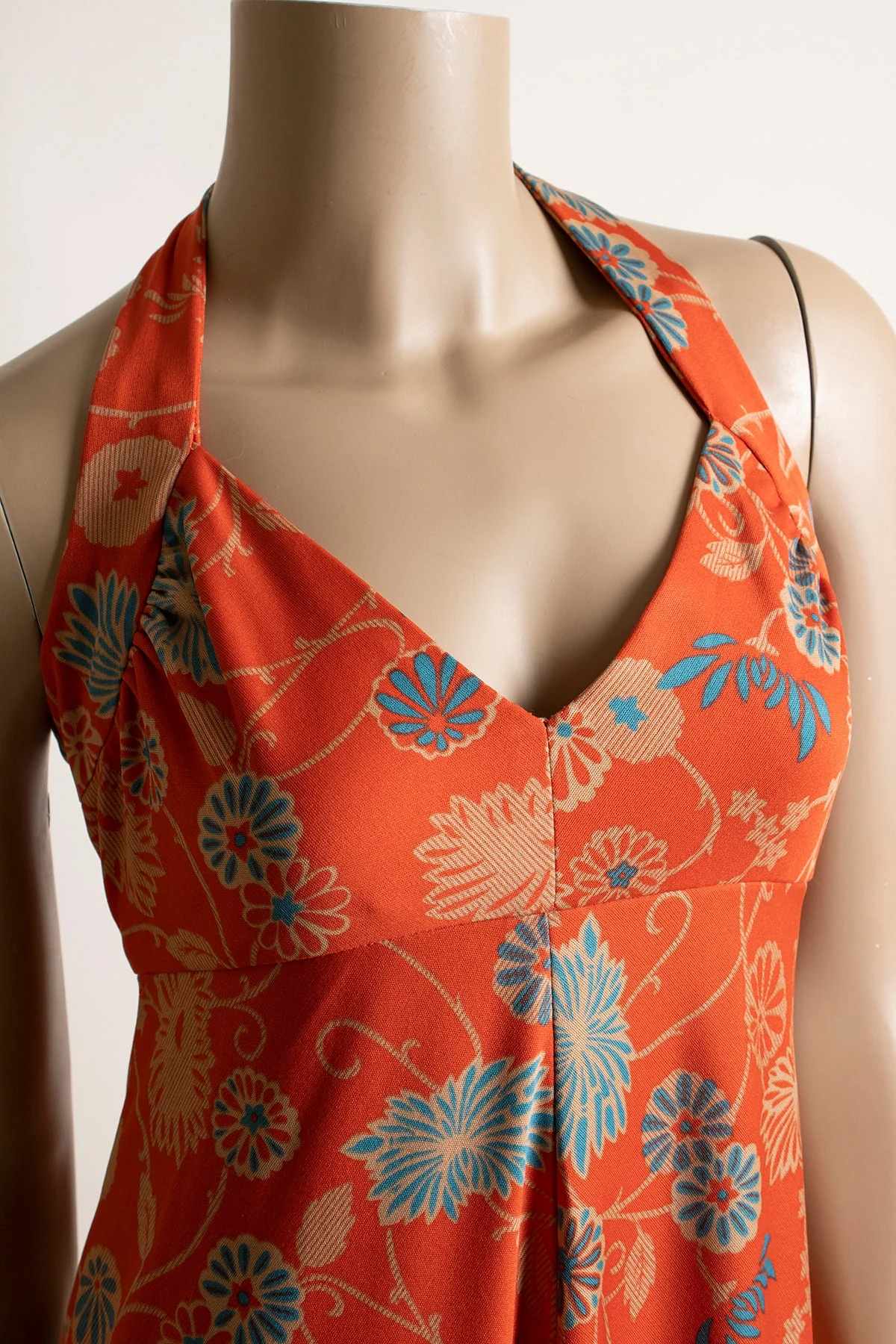 Vintage 70s Floral Maxi Dress with Matching Crop Bolero Jacket - Rust Orange Red Flower Print Halter Gown - Image 9