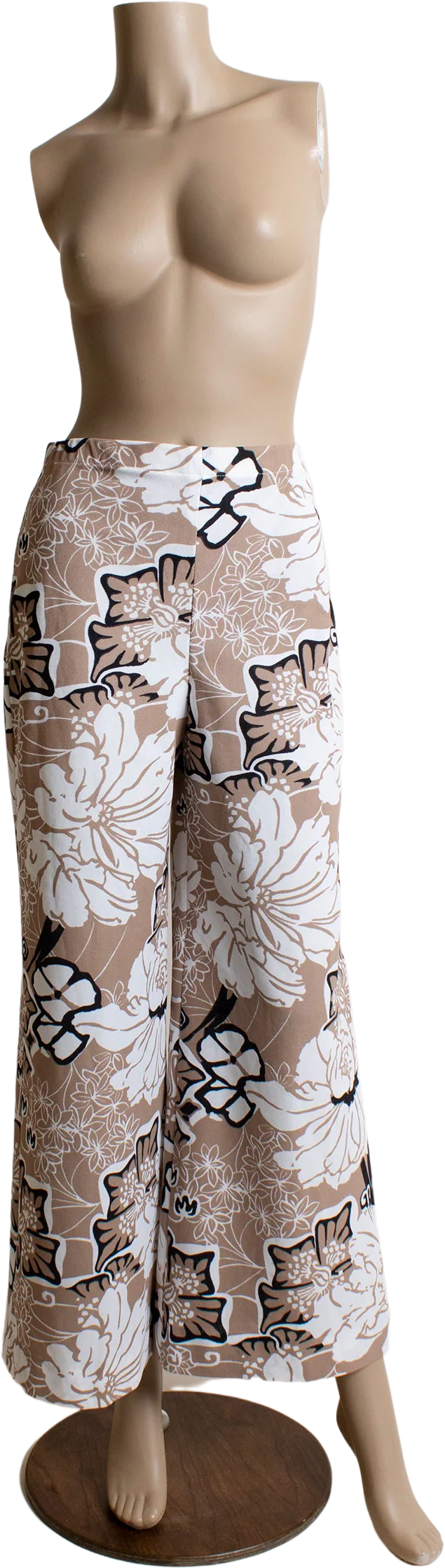 Vintage 70s Floral Pants Wide Flared Leg Cut Light Cocoa Tan Brown Black and White Tropical Flowers by Joyce