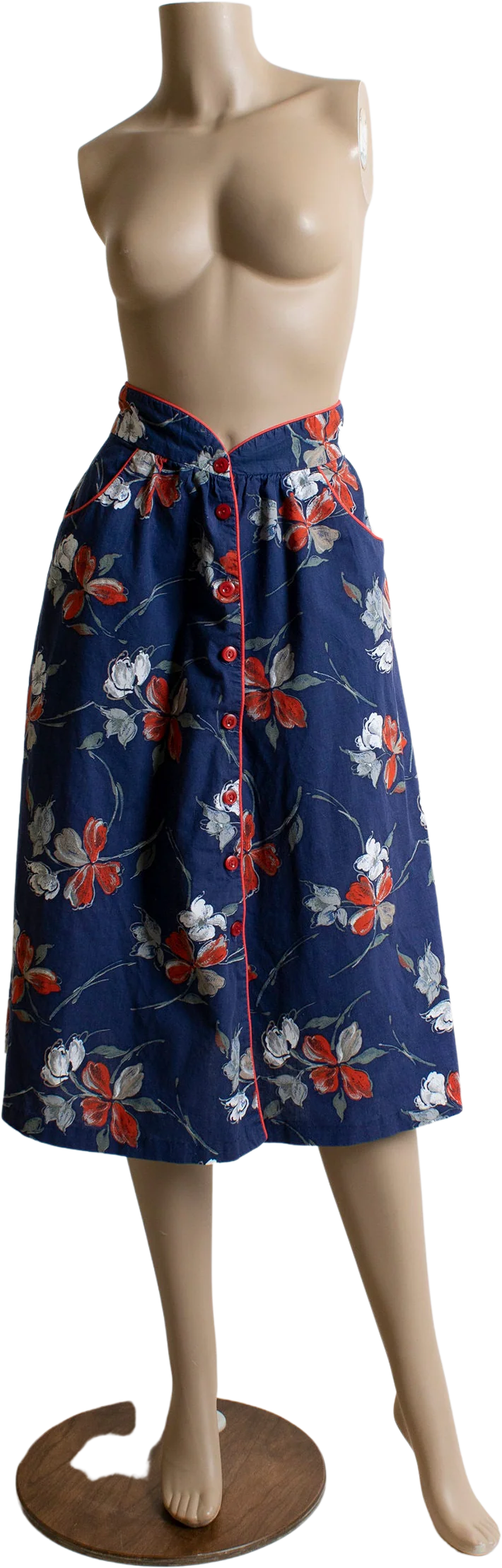 Vintage 70s Floral Print Skirt Navy Blue with Red and White Side Pockets and Front Buttons