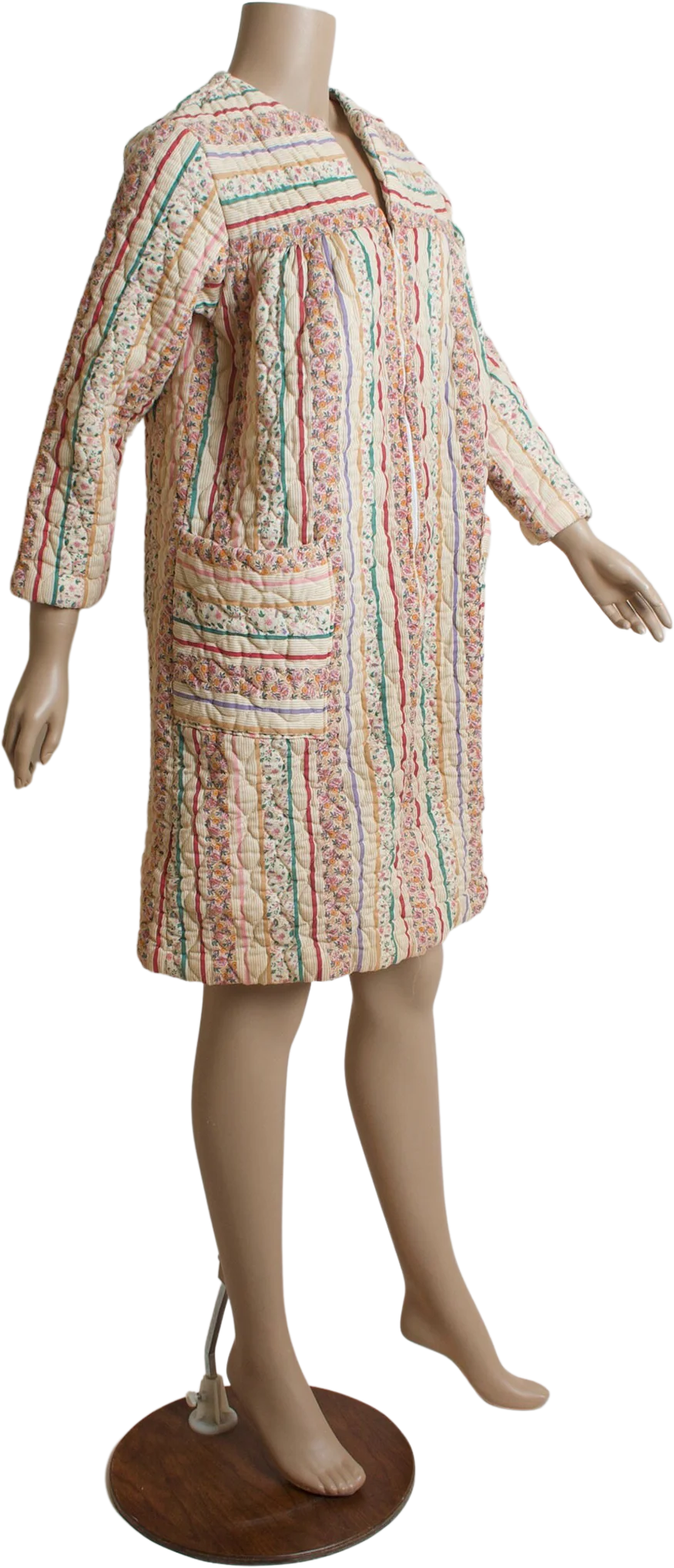 Vintage 70s Floral Striped Robe Quilt Robe Short Midi Length with Front Zip and Pockets Spring Garden Medium Small