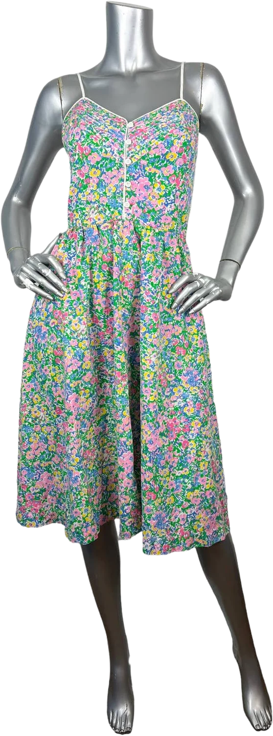Vintage 70s Floral Sundress Midi Spaghetti Strap Tie Back Pockets