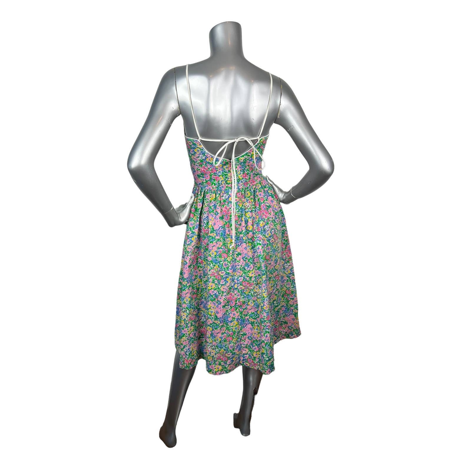 Vintage 70s Floral Sundress Midi Spaghetti Strap Tie Back Pockets - Image 2