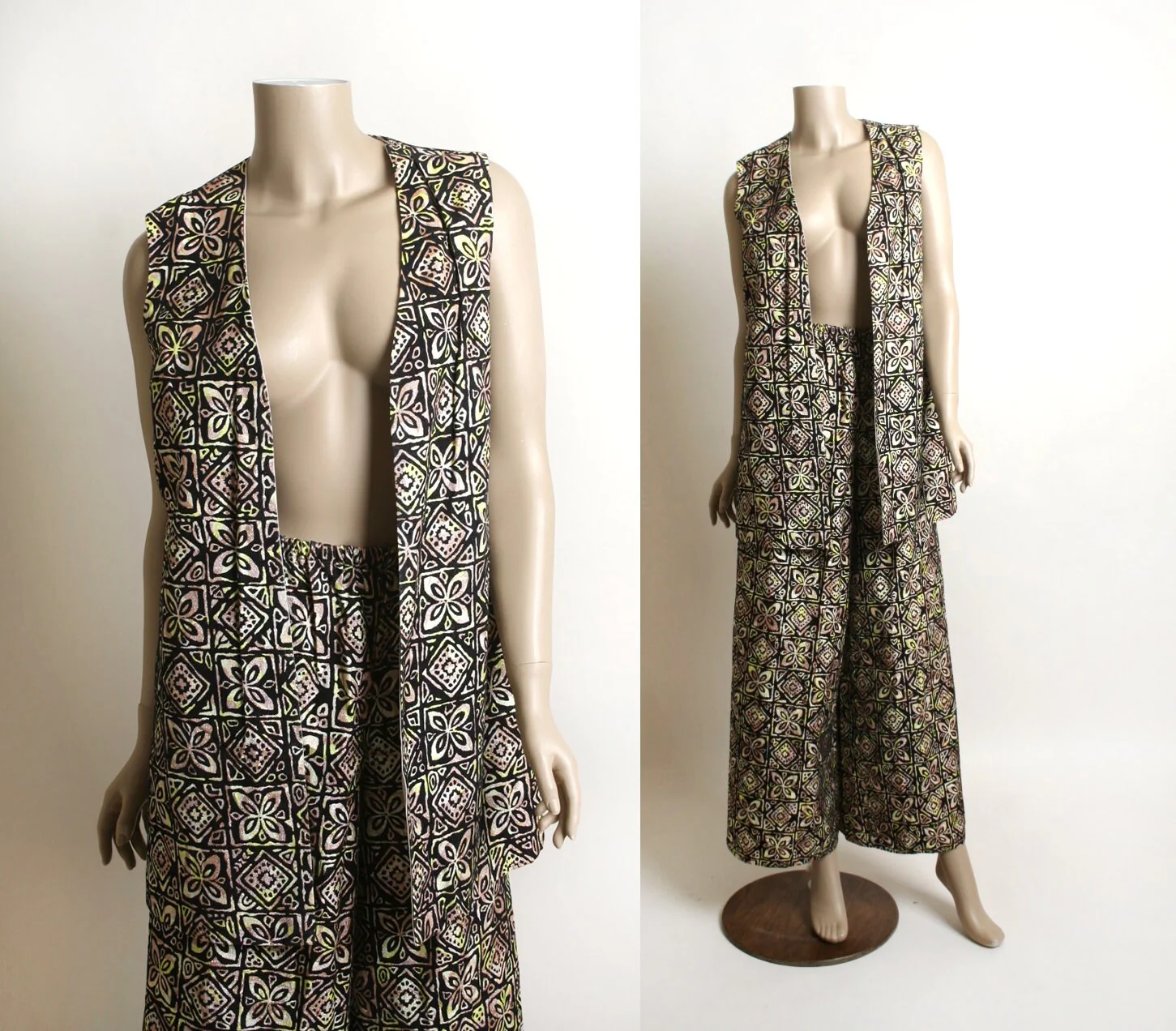 Vintage 70s Floral Vest and Wide Leg Pants Set Window Pane Flower Power Design In Black Yellow Brown Psychedelic Small - Image 4