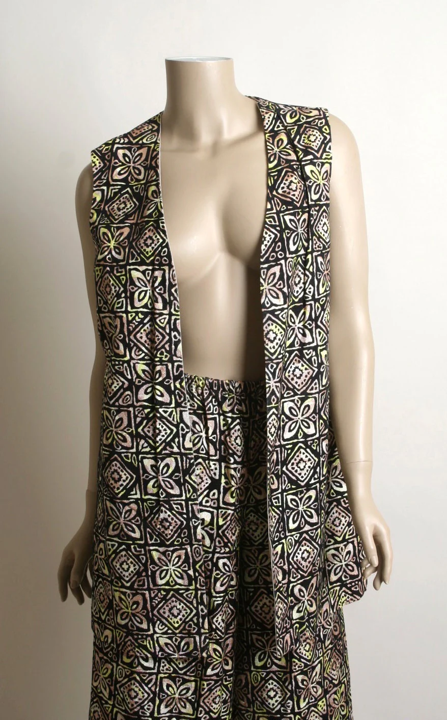 Vintage 70s Floral Vest and Wide Leg Pants Set Window Pane Flower Power Design In Black Yellow Brown Psychedelic Small - Image 7