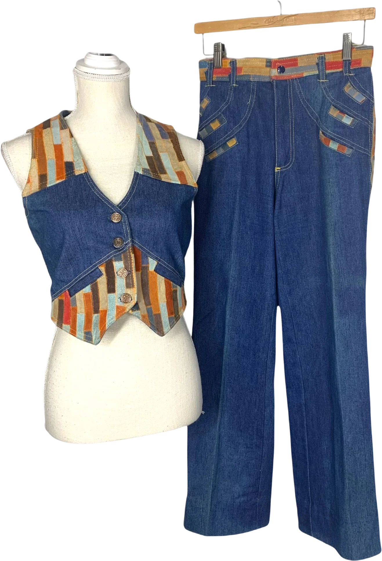 Vintage 70s Fredericks of Hollywood Suede Patchwork Denim Vest Set by Fredericks Of Hollywood