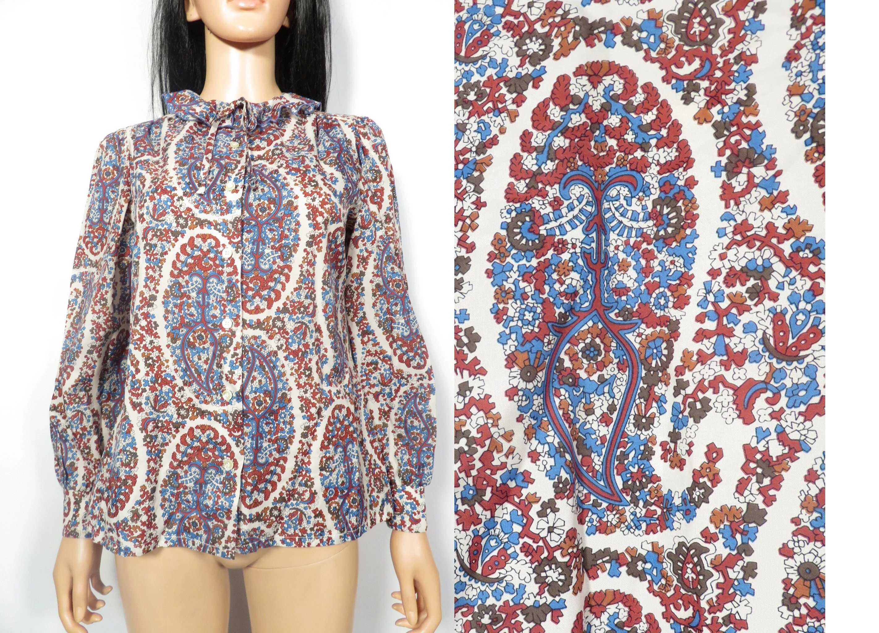Vintage 70s Frilly Collar Fall Tone Paisley Blouse Size M - Image 3