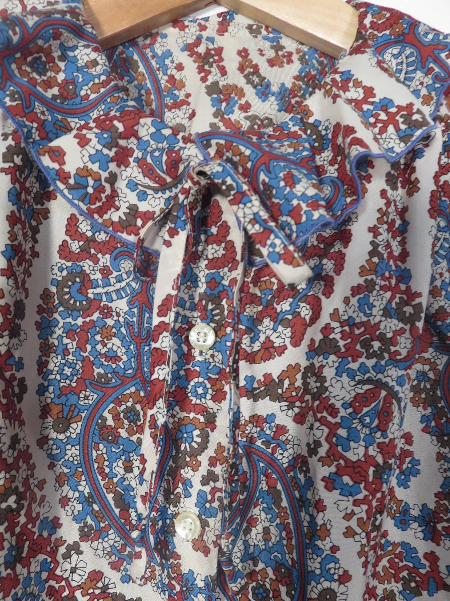 Vintage 70s Frilly Collar Fall Tone Paisley Blouse Size M - Image 4