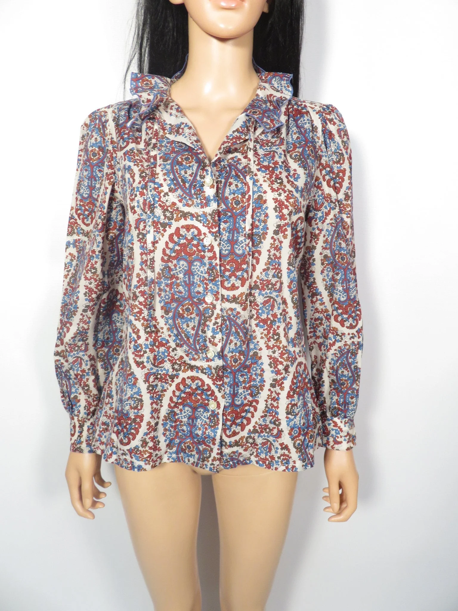Vintage 70s Frilly Collar Fall Tone Paisley Blouse Size M - Image 5