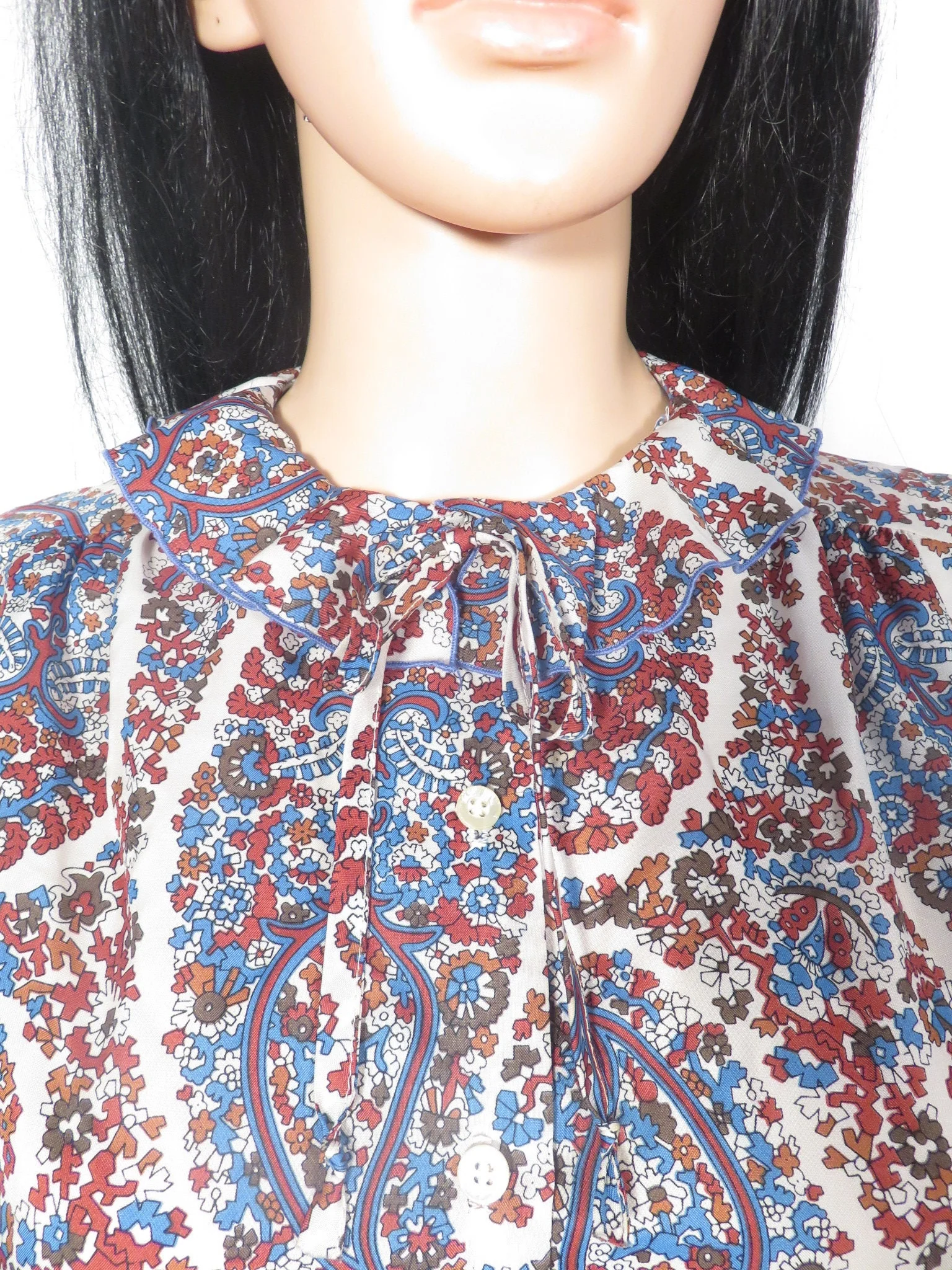 Vintage 70s Frilly Collar Fall Tone Paisley Blouse Size M - Image 6