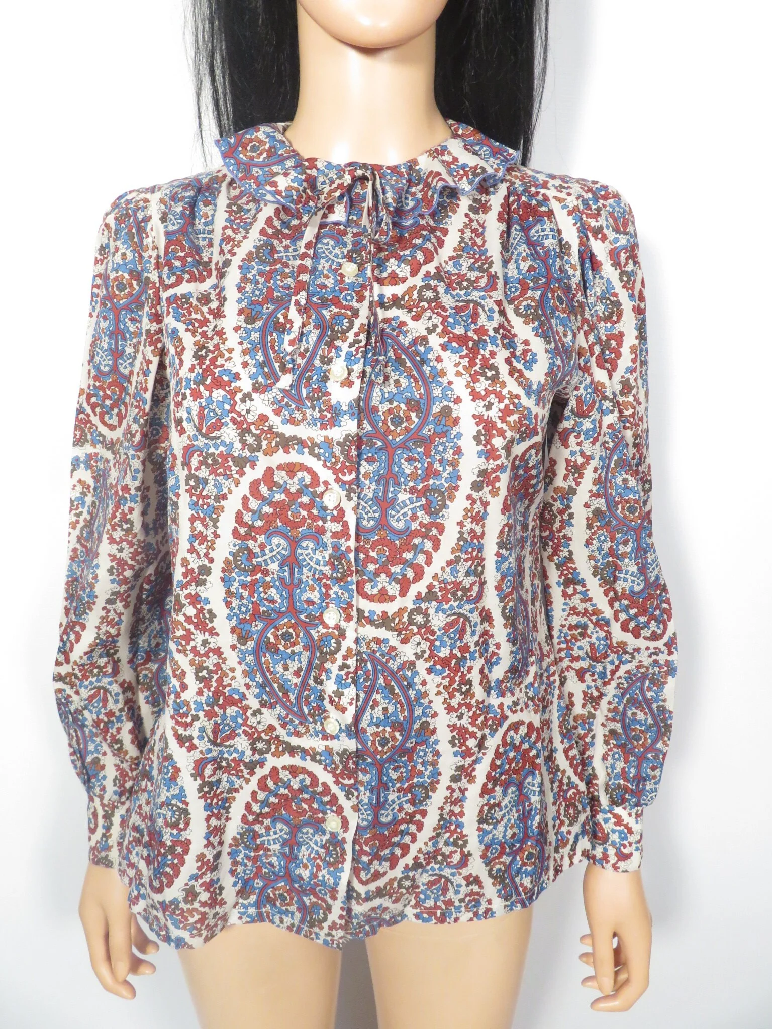 Vintage 70s Frilly Collar Fall Tone Paisley Blouse Size M - Image 7