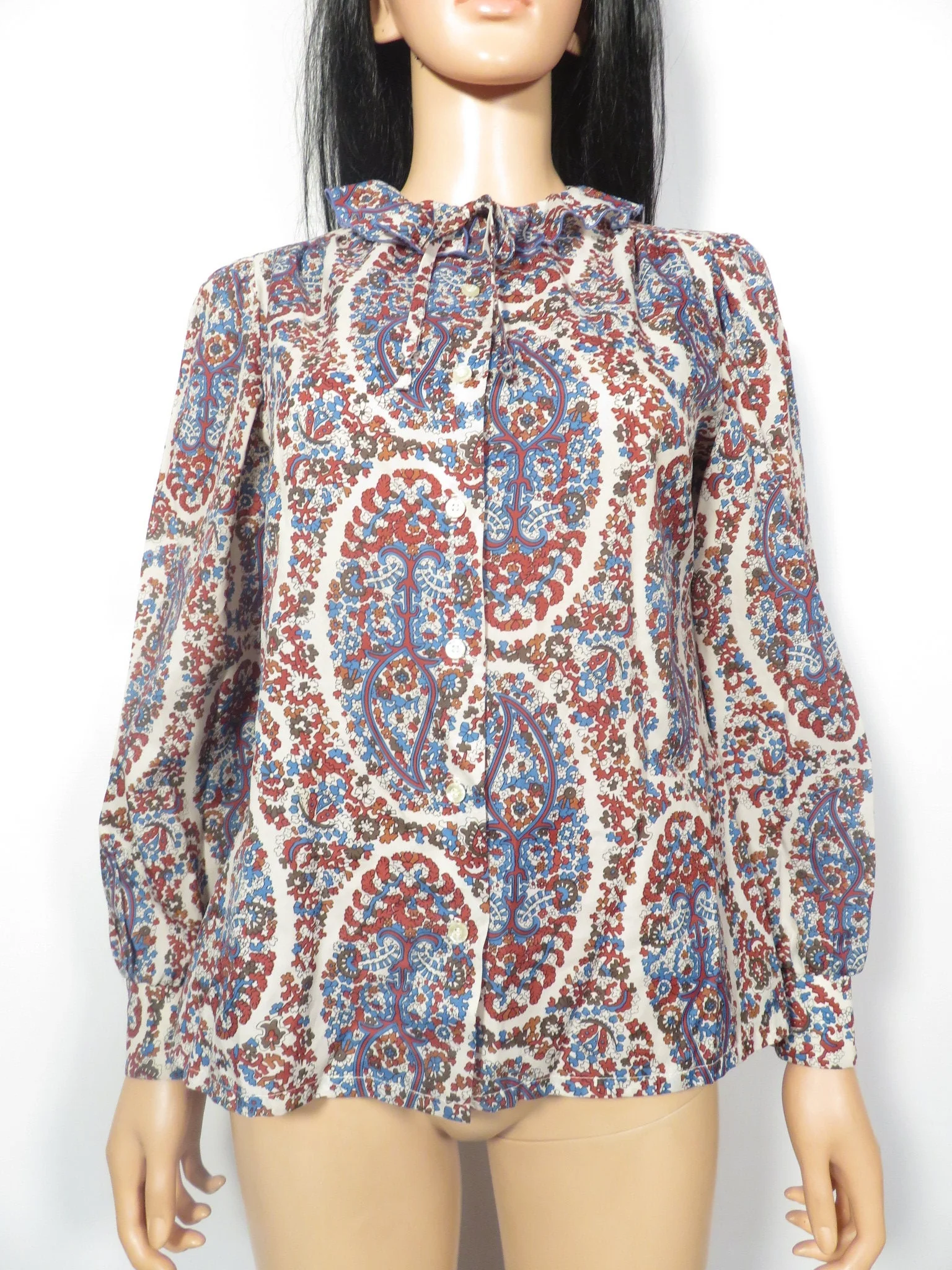 Vintage 70s Frilly Collar Fall Tone Paisley Blouse Size M - Image 8