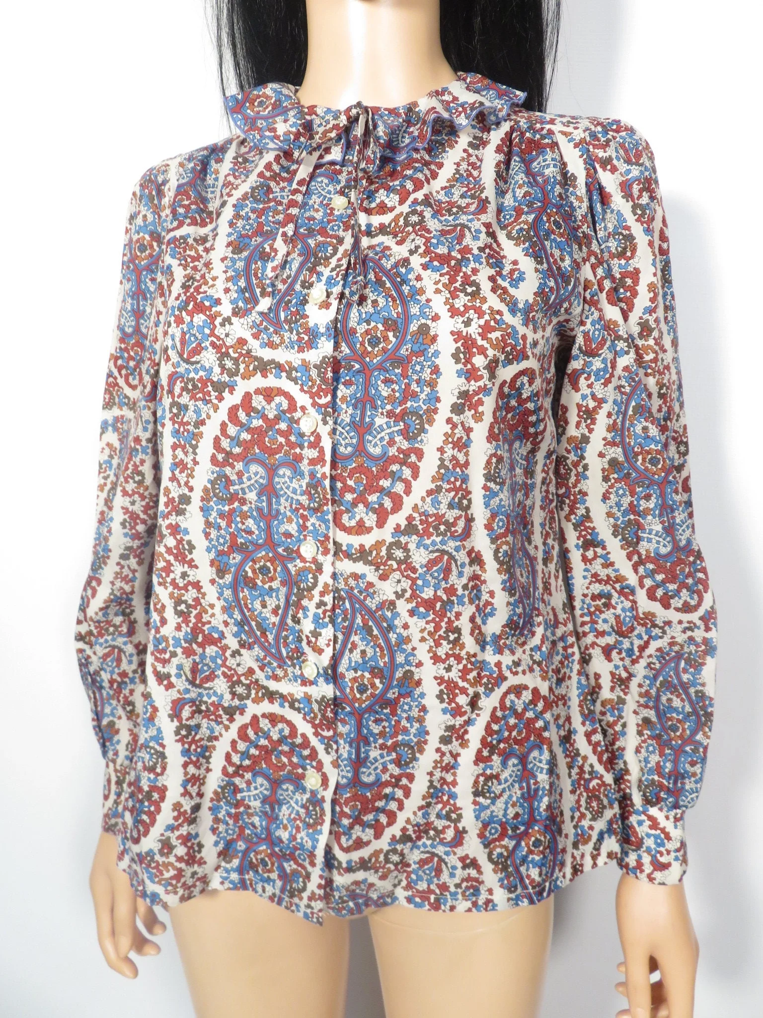 Vintage 70s Frilly Collar Fall Tone Paisley Blouse Size M - Image 9