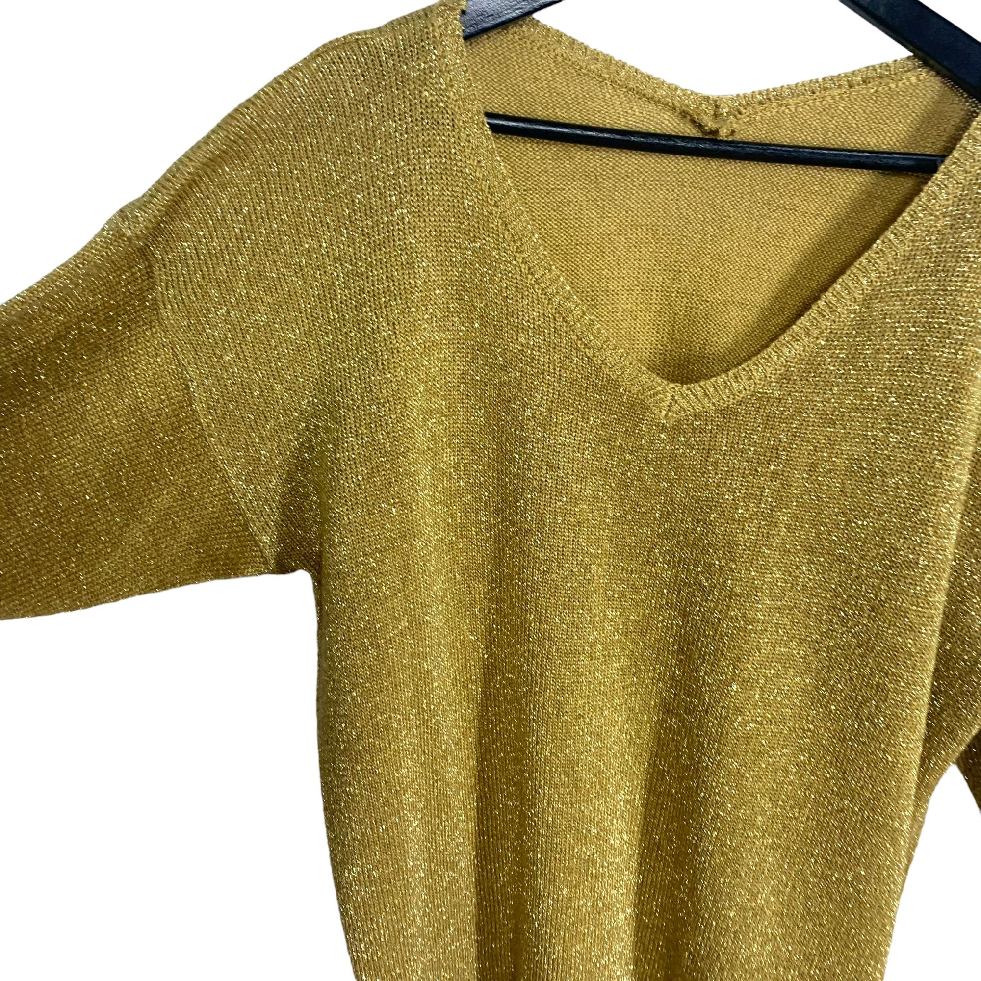 Vintage 70s Gold Metallic Long Sleeve Knit V-Neck Top - Image 2