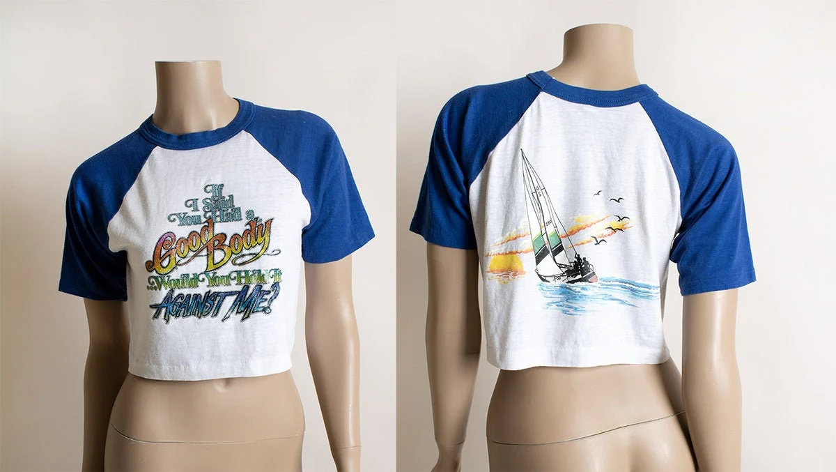 Vintage 70s Graphic Tee - Crop Top Baseball Shirt with Glitter Iron On Phrase and Sailboat On Back - Funny Naughty - Small - Image 2