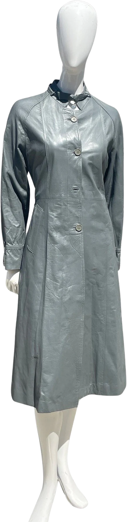 Vintage 70s Gray Leather Collarless Trench Coat Dress Size M Sexy Chic Timeless Cocktail Trench Dress