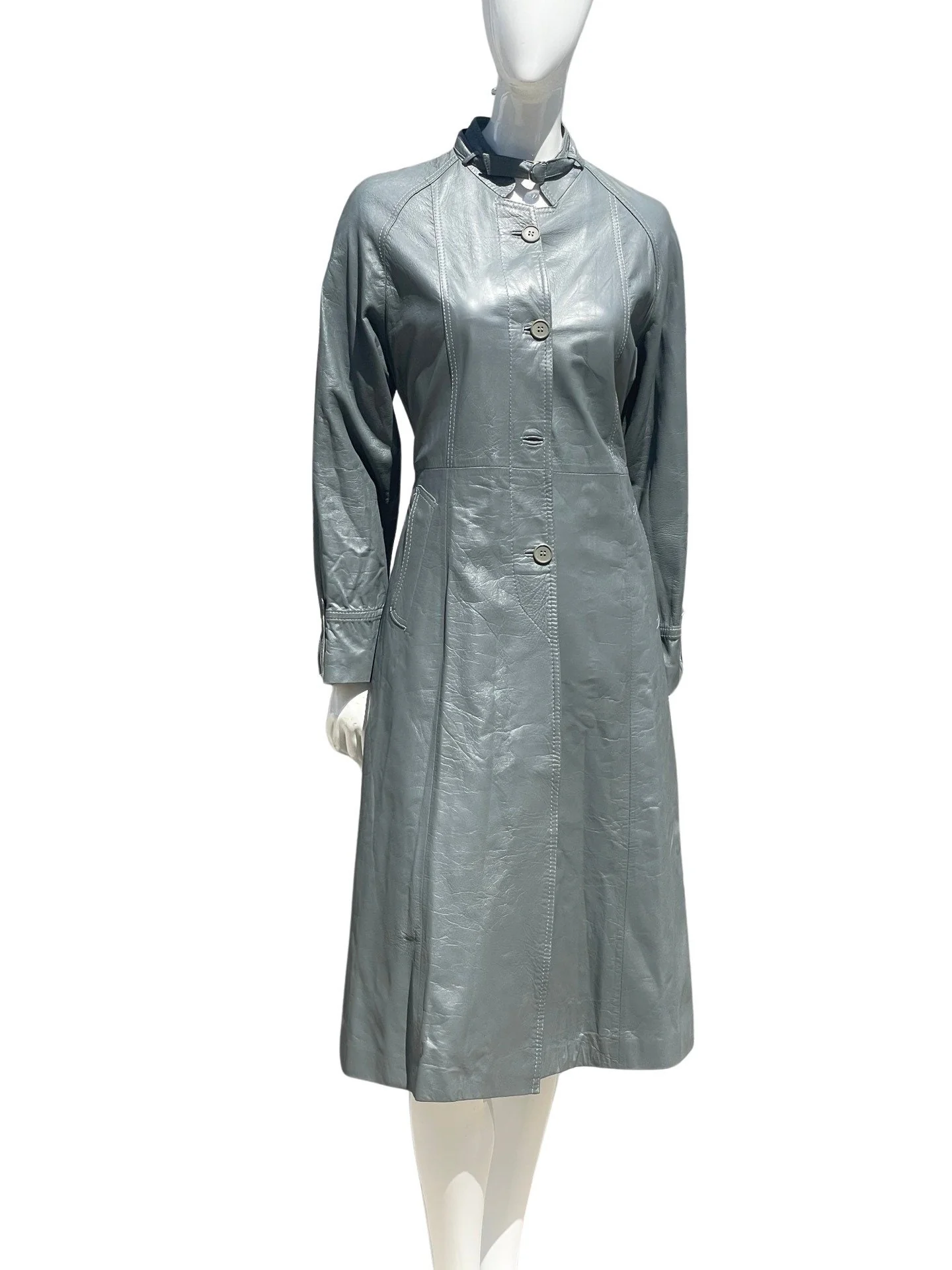 Vintage 70s Gray Leather Collarless Trench Coat Dress Size M Sexy Chic Timeless Cocktail Trench Dress - Image 3