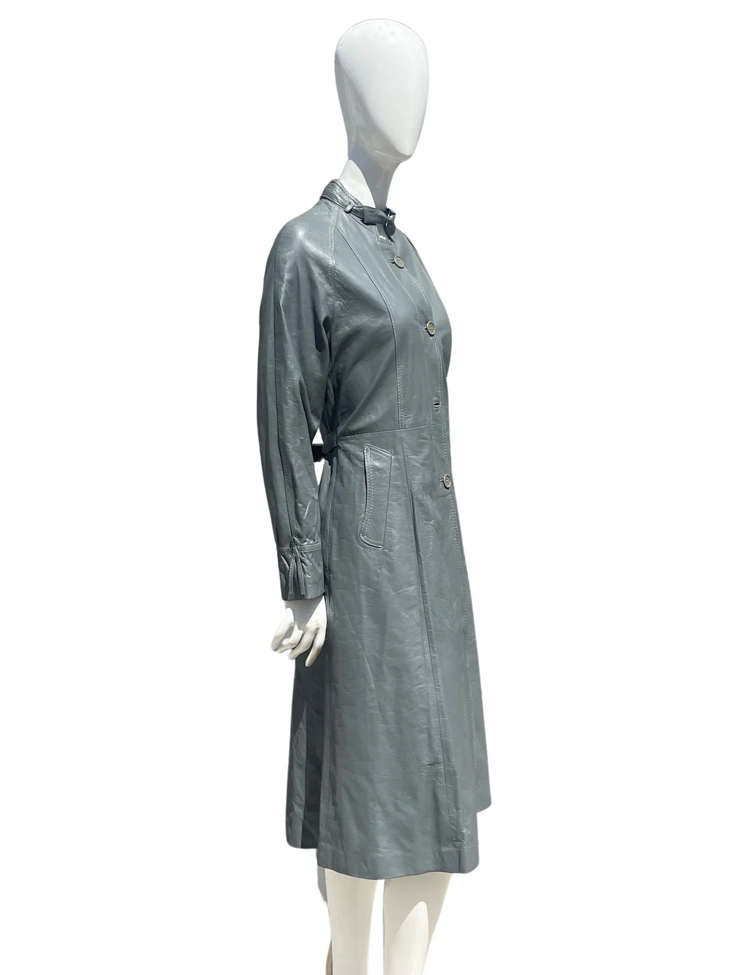 Vintage 70s Gray Leather Collarless Trench Coat Dress Size M Sexy Chic Timeless Cocktail Trench Dress - Image 4