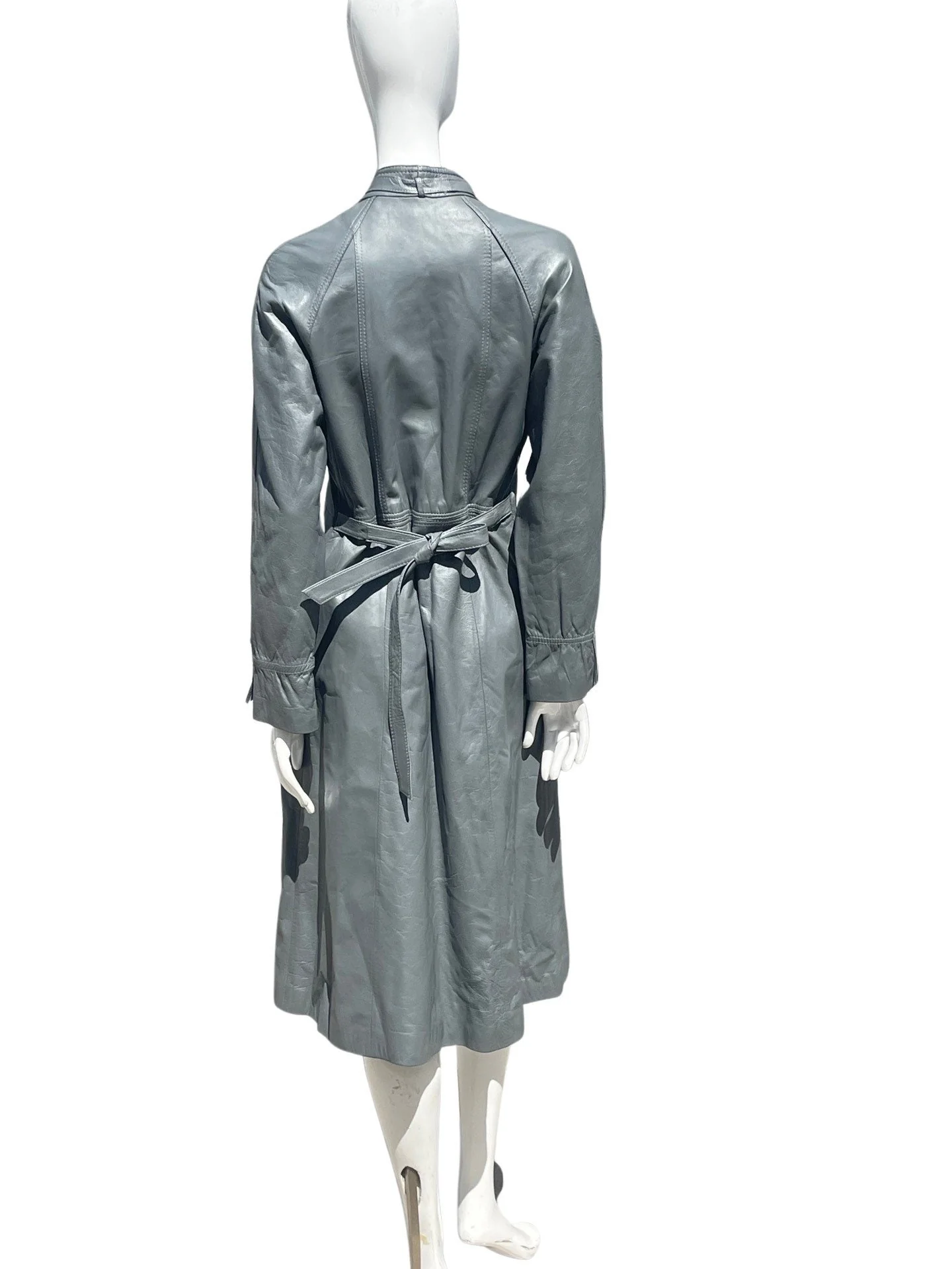 Vintage 70s Gray Leather Collarless Trench Coat Dress Size M Sexy Chic Timeless Cocktail Trench Dress - Image 5
