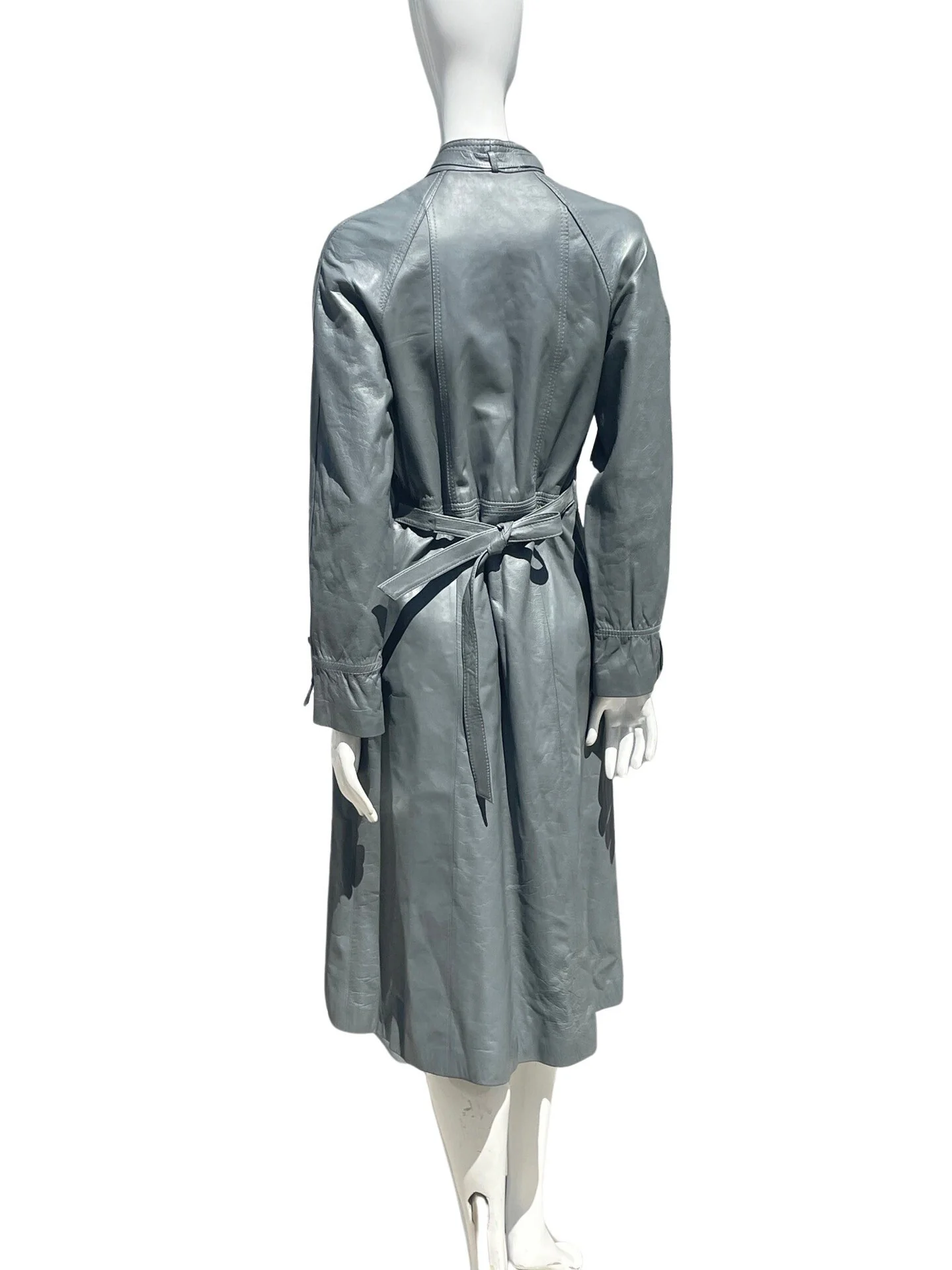 Vintage 70s Gray Leather Collarless Trench Coat Dress Size M Sexy Chic Timeless Cocktail Trench Dress - Image 6