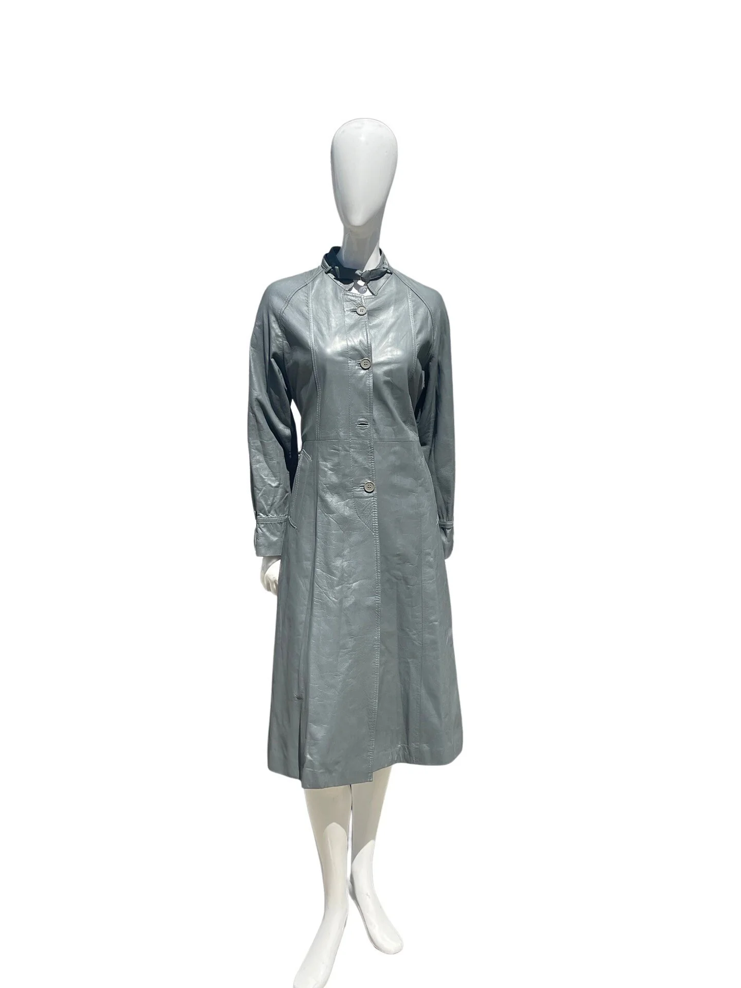 Vintage 70s Gray Leather Collarless Trench Coat Dress Size M Sexy Chic Timeless Cocktail Trench Dress - Image 7