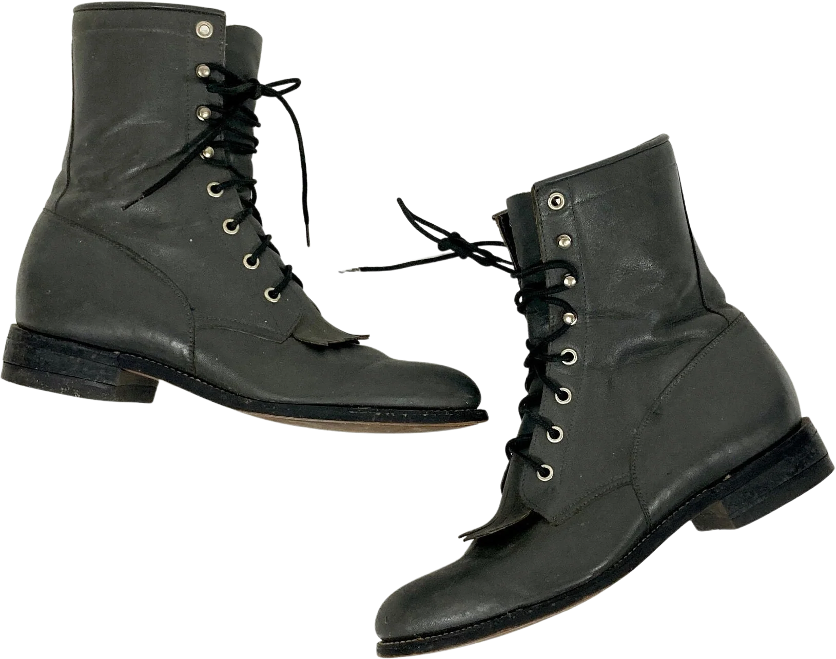 Vintage 70s Gray Leather Roper Combat Boots Military Tall Ankle Lace Up Cowgirl Western Justin Diamond J Fringe Tassle Booties by Diamond J - Justin