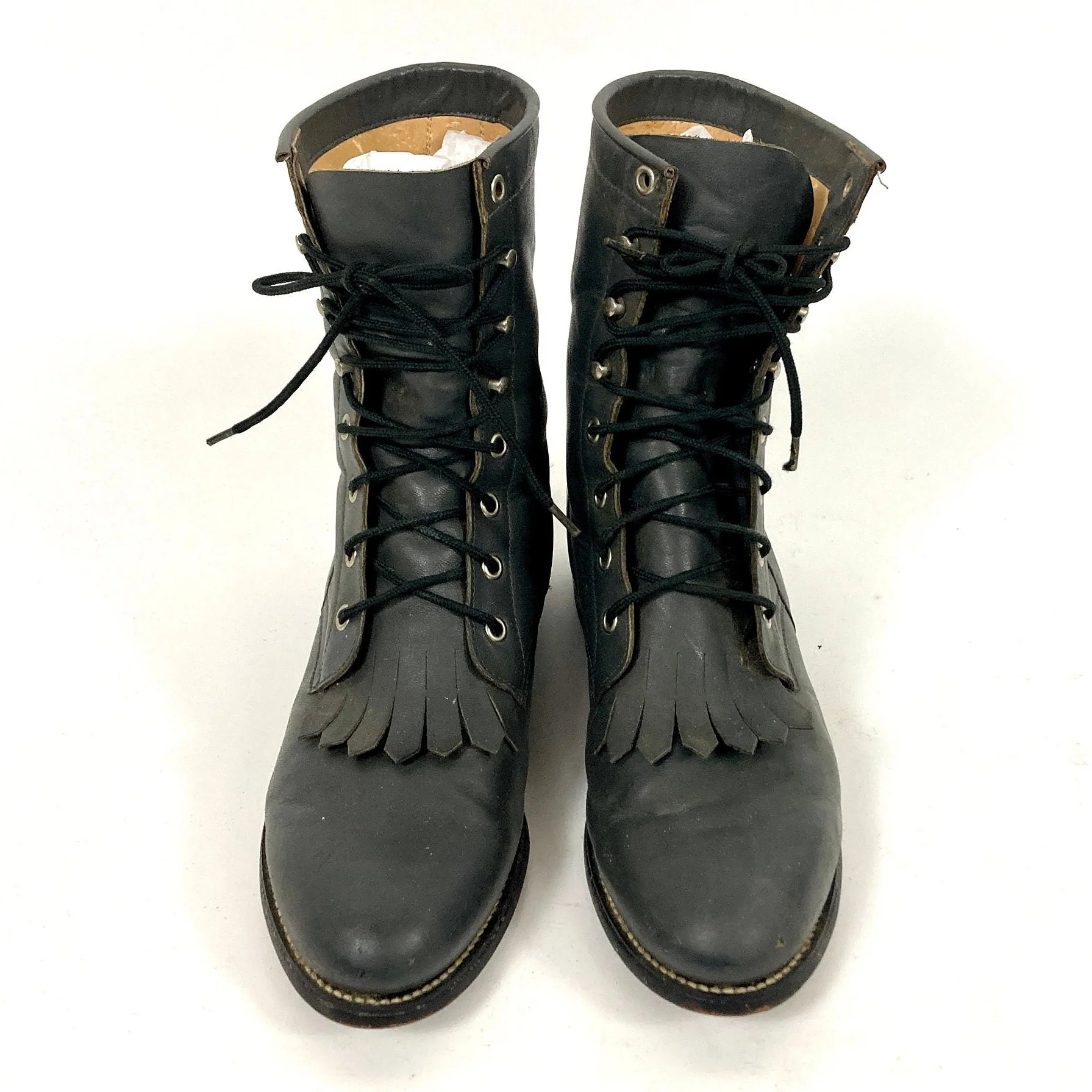 Vintage 70s Gray Leather Roper Combat Boots Military Tall Ankle Lace Up Cowgirl Western Justin Diamond J Fringe Tassle Booties by Diamond J - Justin - Image 2