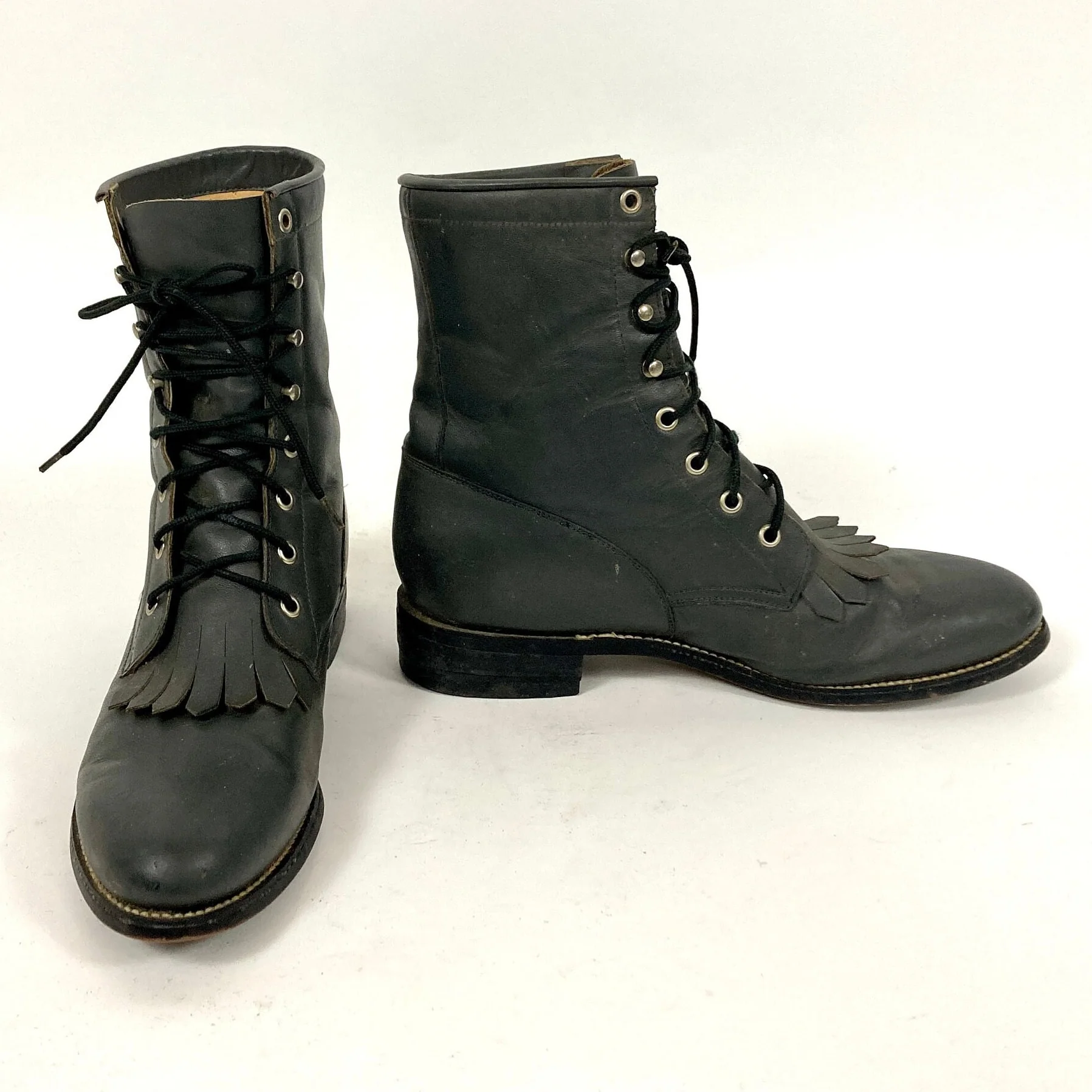 Vintage 70s Gray Leather Roper Combat Boots Military Tall Ankle Lace Up Cowgirl Western Justin Diamond J Fringe Tassle Booties by Diamond J - Justin - Image 6