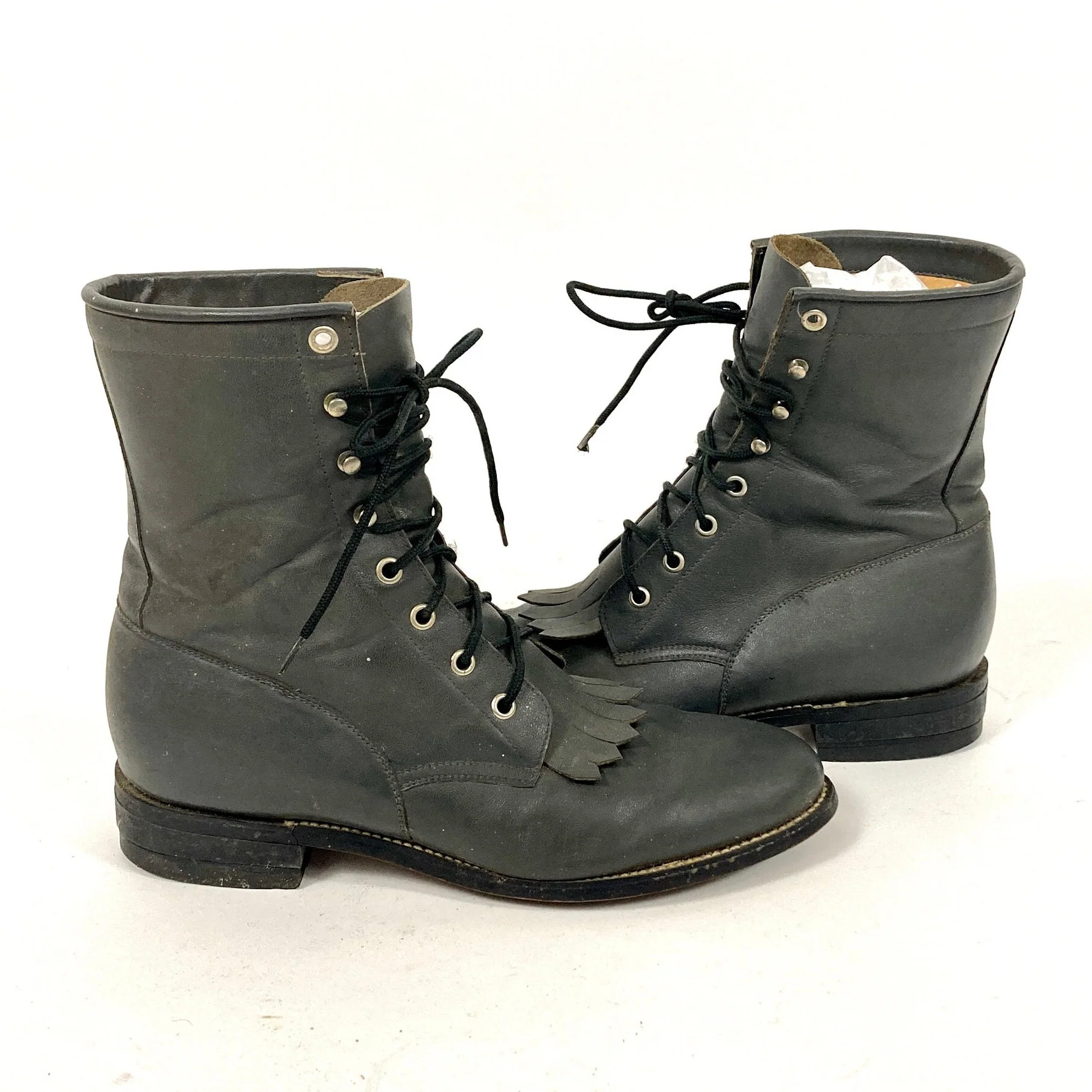 Vintage 70s Gray Leather Roper Combat Boots Military Tall Ankle Lace Up Cowgirl Western Justin Diamond J Fringe Tassle Booties by Diamond J - Justin - Image 7