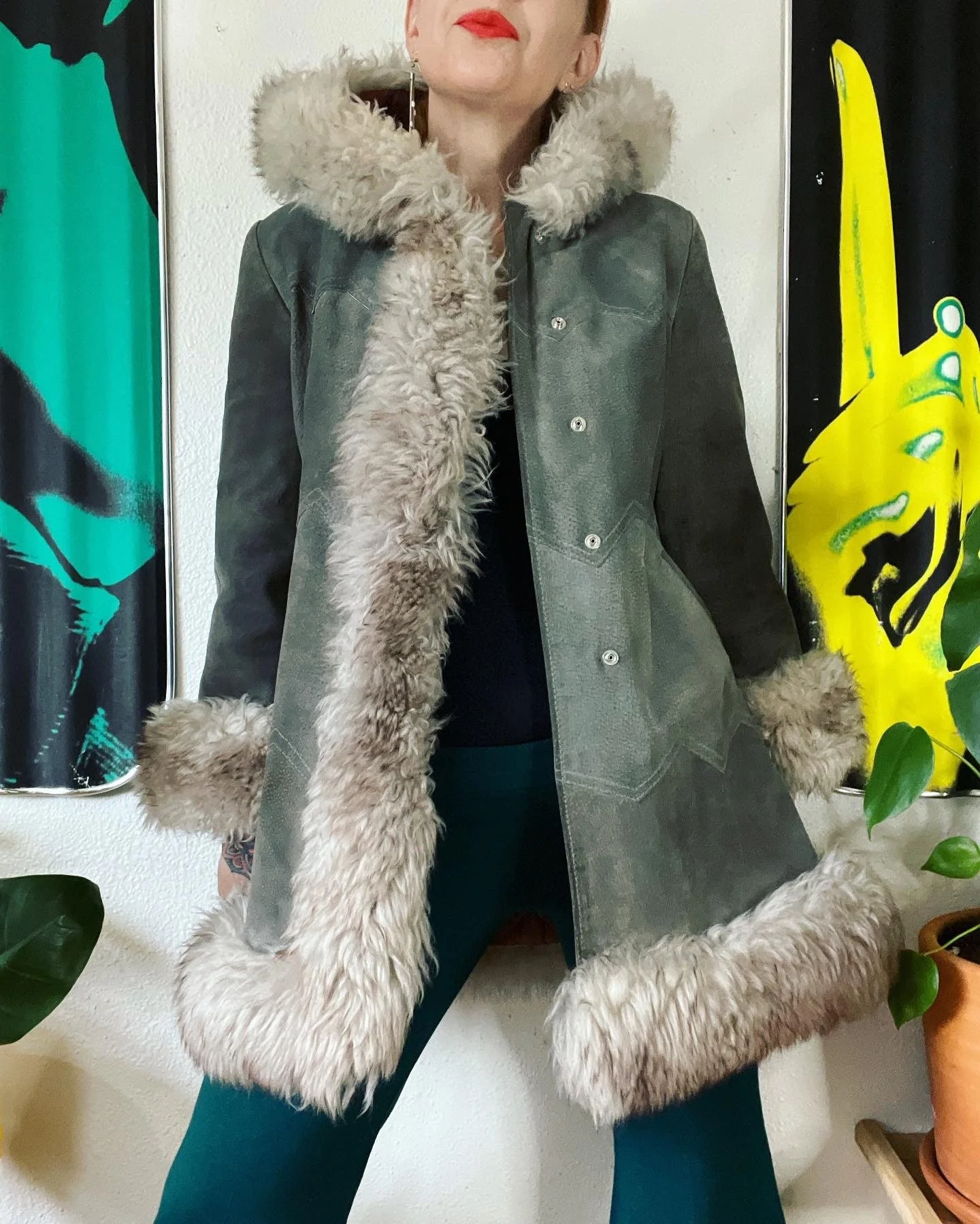 Vintage 70s Gray Suede Leather and Shearling Hooded Penny Lane Coat with Triple Tier Chevron Stitching Fringe Waist Belt and Quilted - Image 8