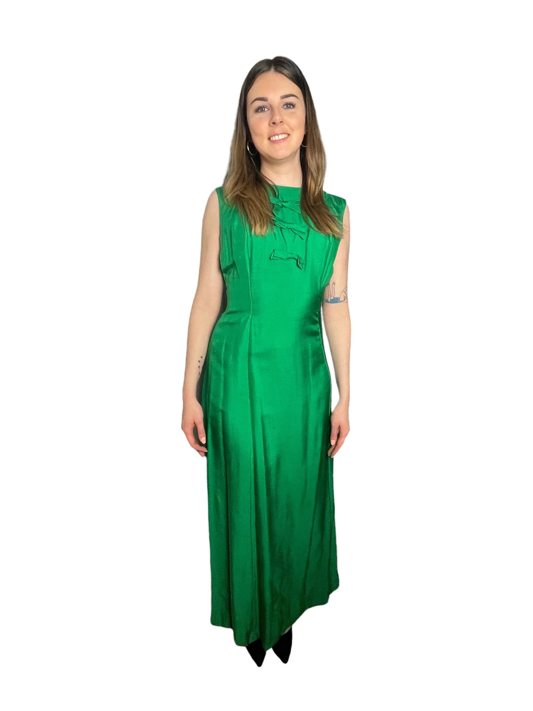 Vintage 70s Green Fitted Sleeveless Gown with Bows - Image 3