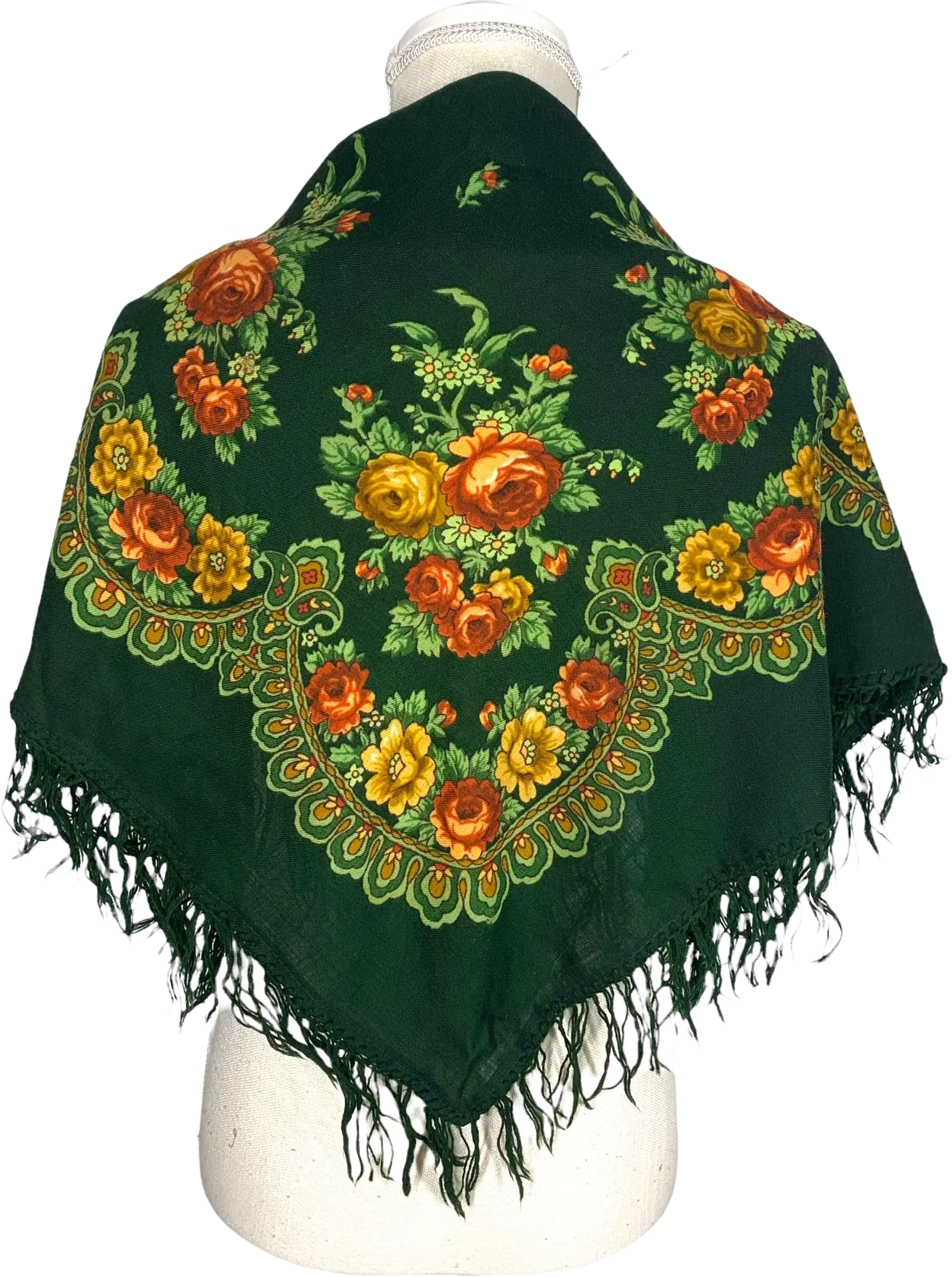 Vintage 70s Green Floral Fringe Large Square Scarf