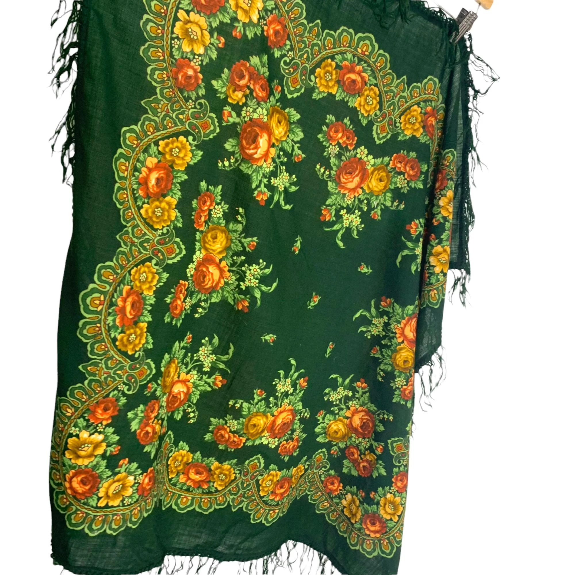 Vintage 70s Green Floral Fringe Large Square Scarf - Image 2