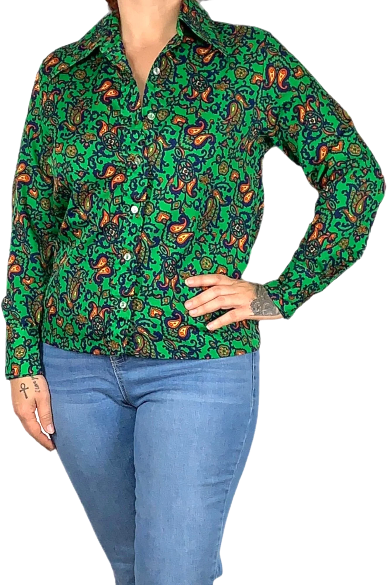 Vintage 70s Green Paisley Ornate Long Sleeve Button Up Top by Montgomery Ward