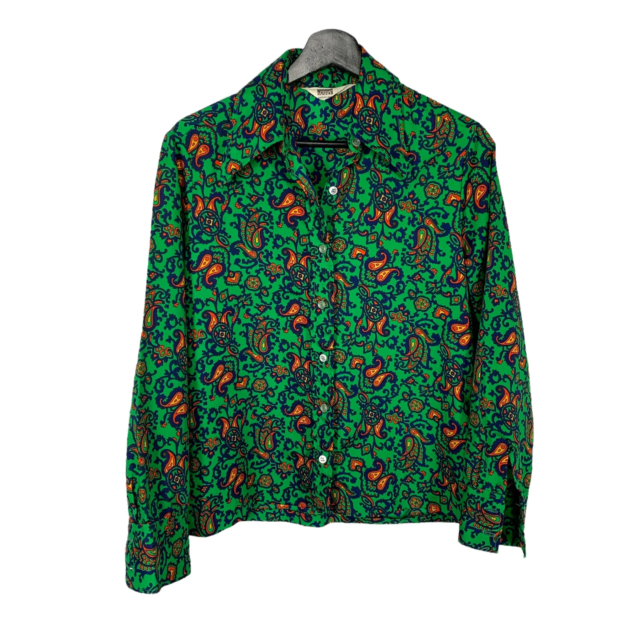 Vintage 70s Green Paisley Ornate Long Sleeve Button Up Top by Montgomery Ward - Image 3