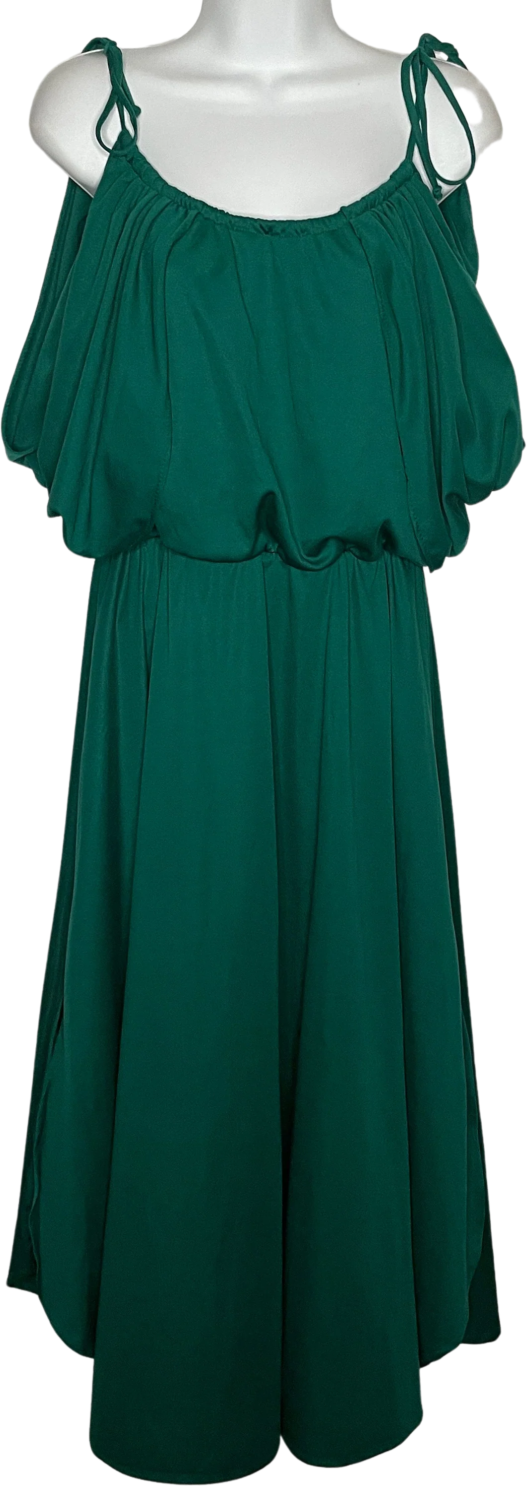 Vintage 70s Green Polyester Cold Shoulder Blouson Disco Dress Size 13