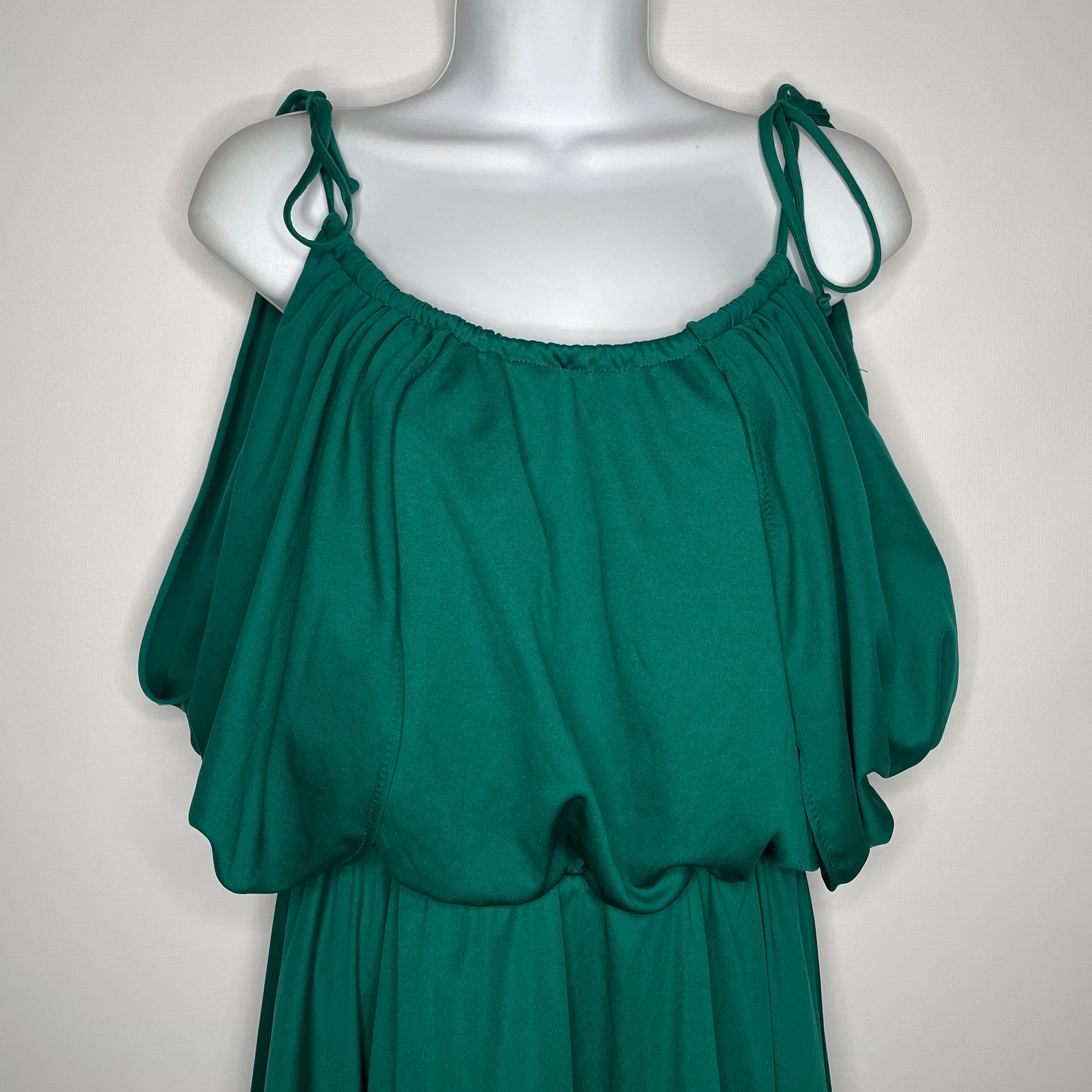 Vintage 70s Green Polyester Cold Shoulder Blouson Disco Dress Size 13 - Image 3