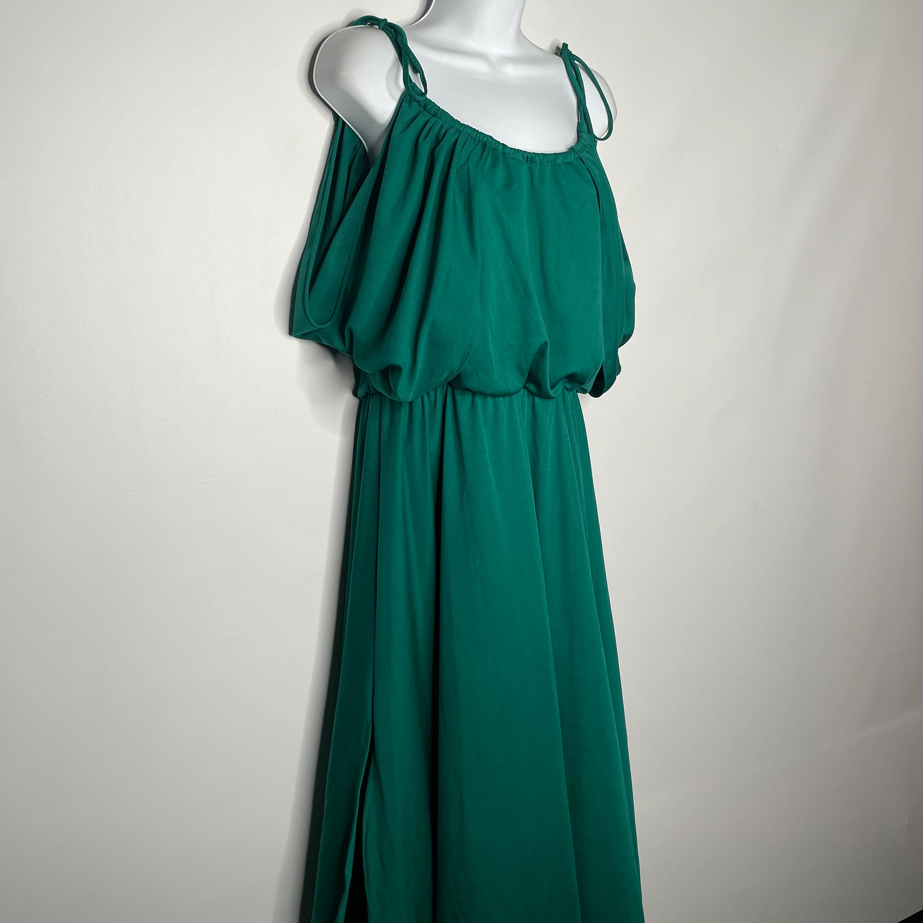 Vintage 70s Green Polyester Cold Shoulder Blouson Disco Dress Size 13 - Image 4