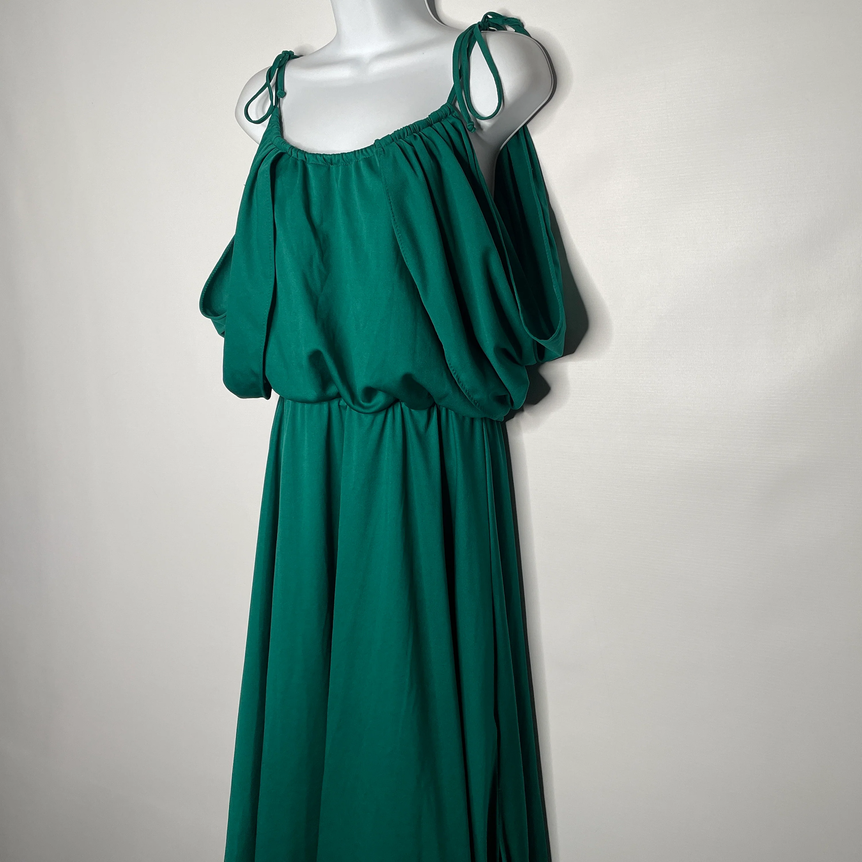Vintage 70s Green Polyester Cold Shoulder Blouson Disco Dress Size 13 - Image 6