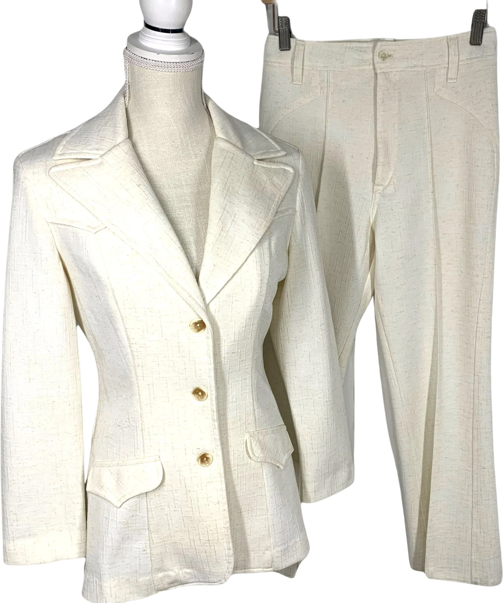 Vintage 70s H Bar C Cream Textured Blazer Pant Suit Medium by  H Bar C