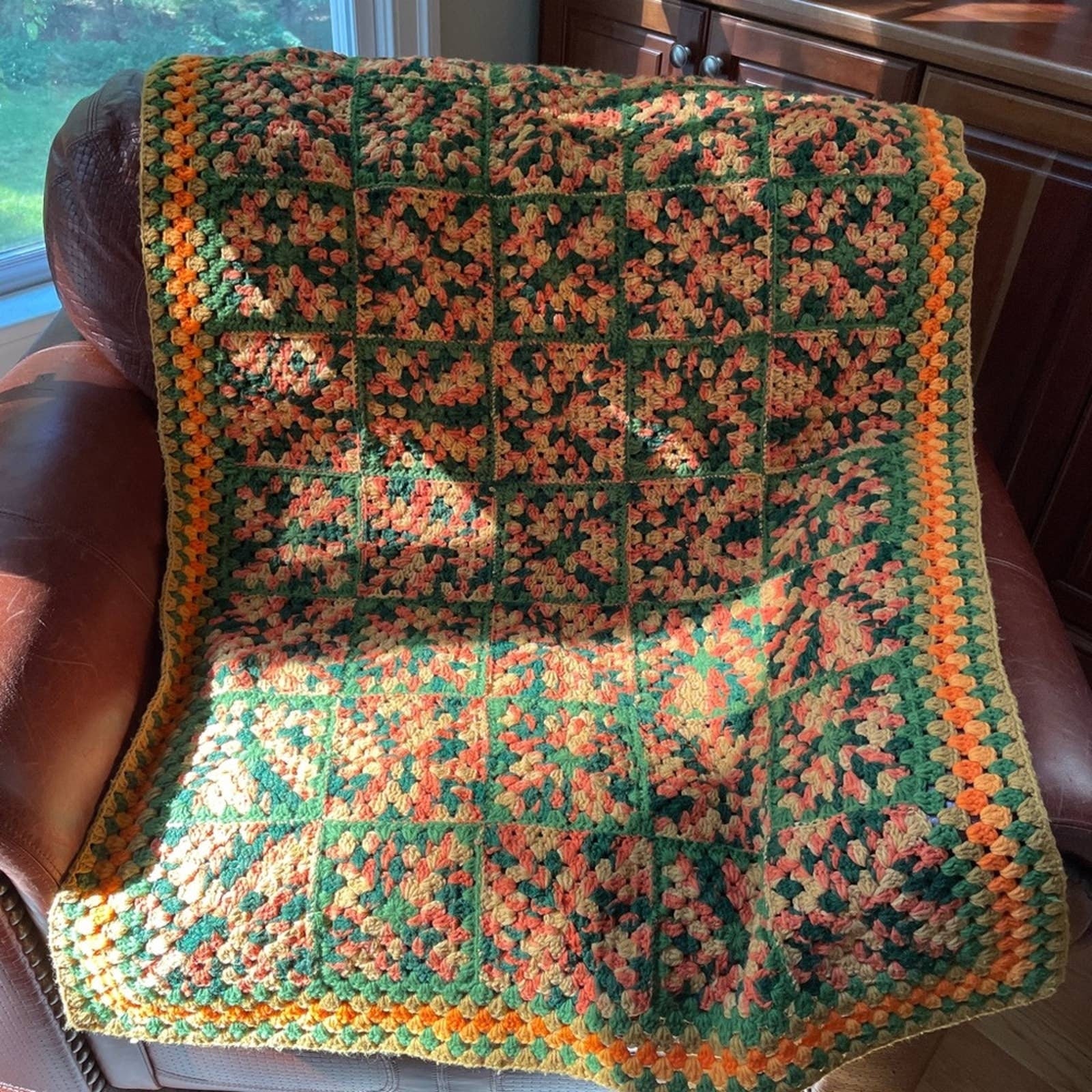Vintage 70s Hand Made Autumn Crochet Square Afghan - Image 3