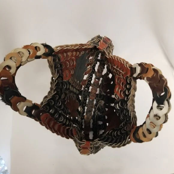Vintage 70s Handmade Brown and Black Leather Chainlink Shoulder Tote Bag - Image 6