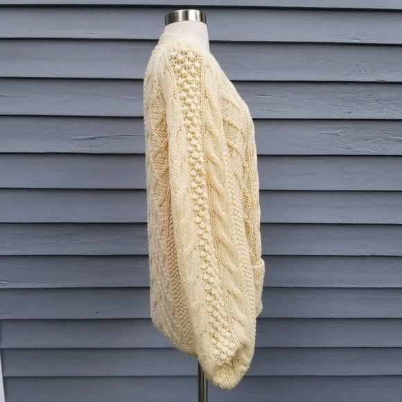 Vintage 70s Handmade Cream Cable Knit Greek Fisherman Cardigan Sweater - Image 4